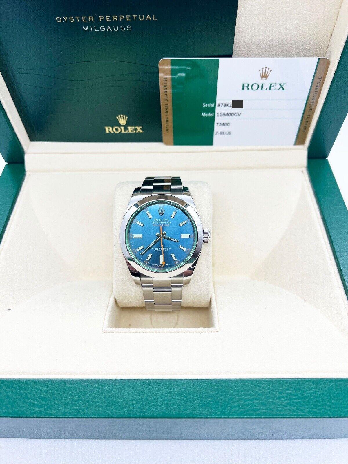 Rolex Milgauss 116400GV Green Crystal Blue Dial Stainless Steel 2015 Box Paper For Sale 6