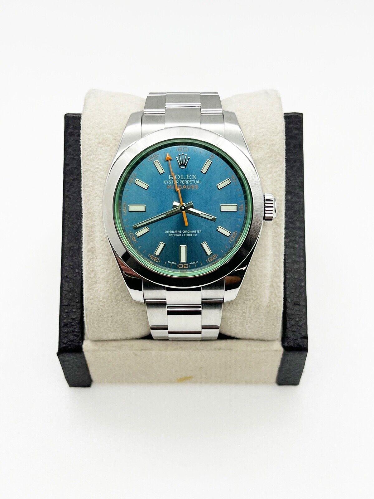 Style Number: 116400GV

Serial: 878K1***

Year: 2015

Model: Milgauss

Case Material: Stainless Steel

Band: Stainless Steel

Bezel: Stainless Steel

Dial: Blue

Face: Green Sapphire Crystal

Case Size: 40mm

Includes: 

-Rolex Box &