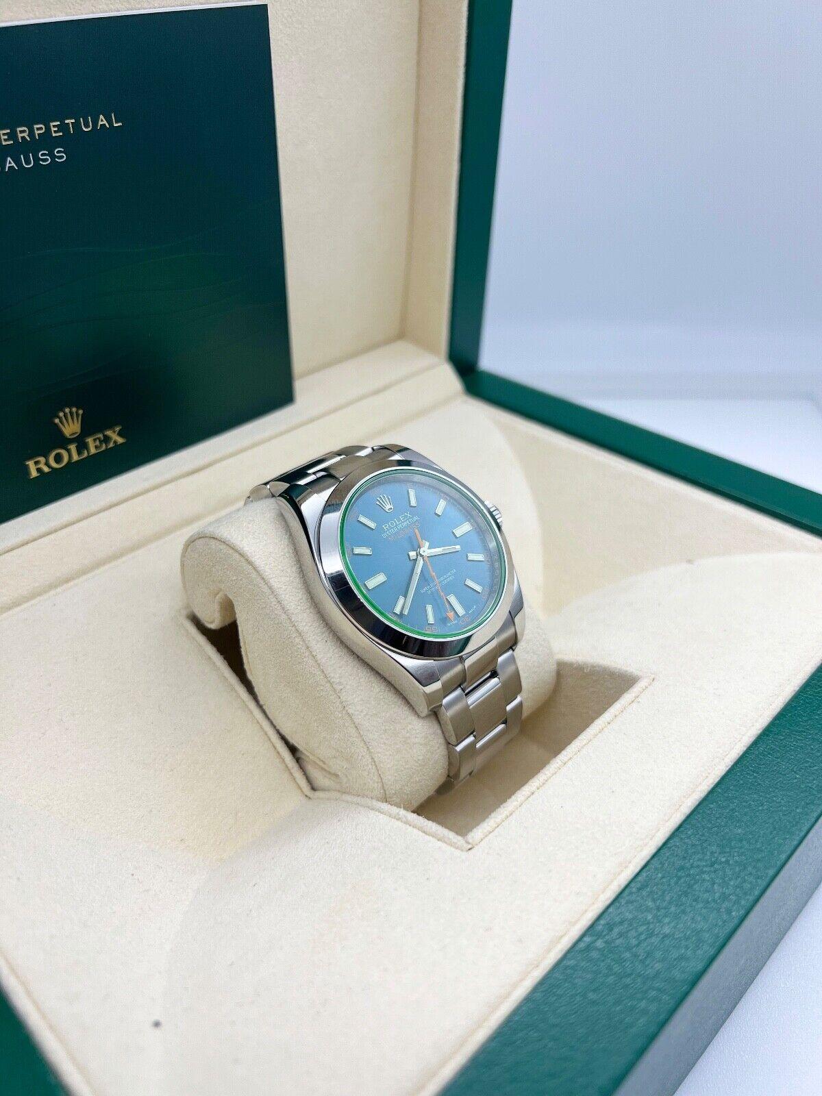 Rolex Milgauss 116400GV Green Crystal Blue Dial Stainless Steel 2015 Box Paper In Excellent Condition For Sale In San Diego, CA