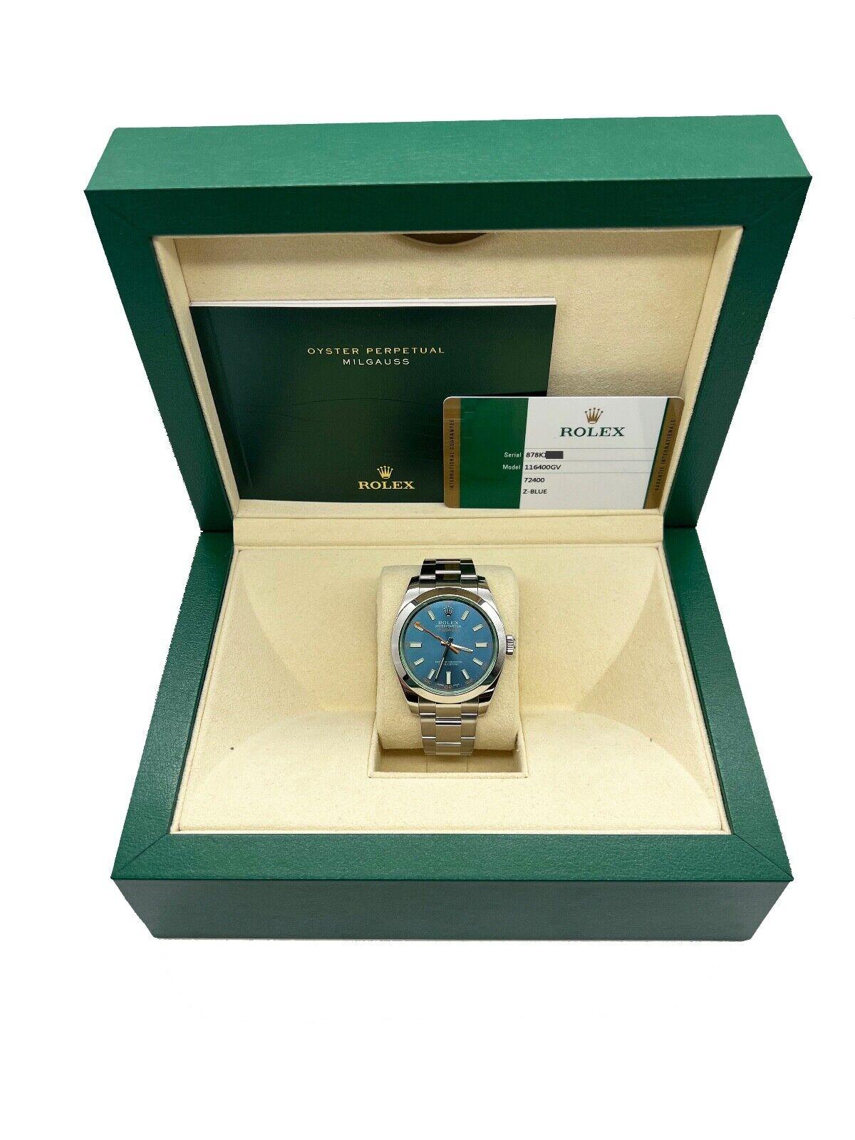 Men's Rolex Milgauss 116400GV Green Crystal Blue Dial Stainless Steel 2015 Box Paper For Sale