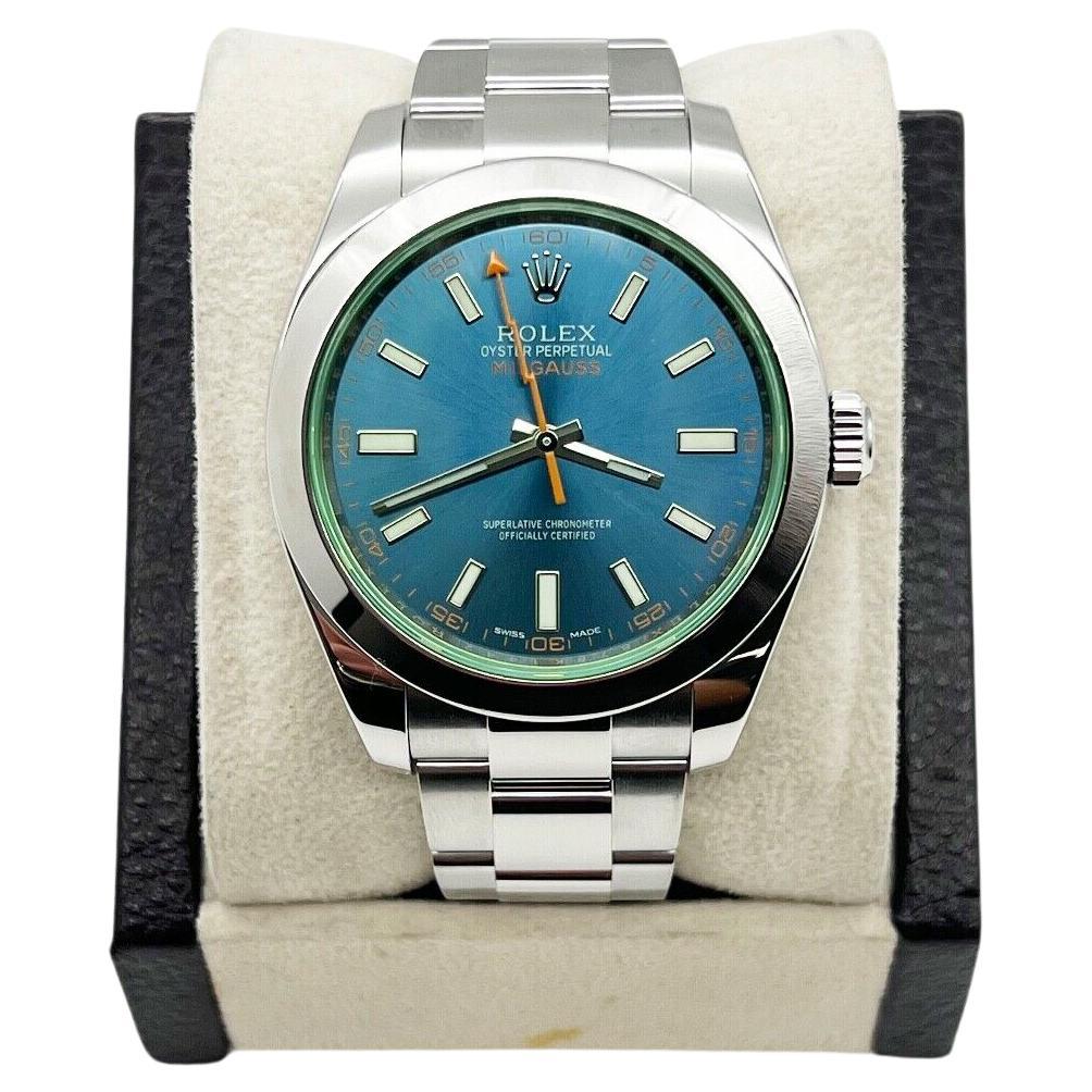 Rolex Milgauss 116400GV Green Crystal Blue Dial Stainless Steel 2015 Box Paper For Sale