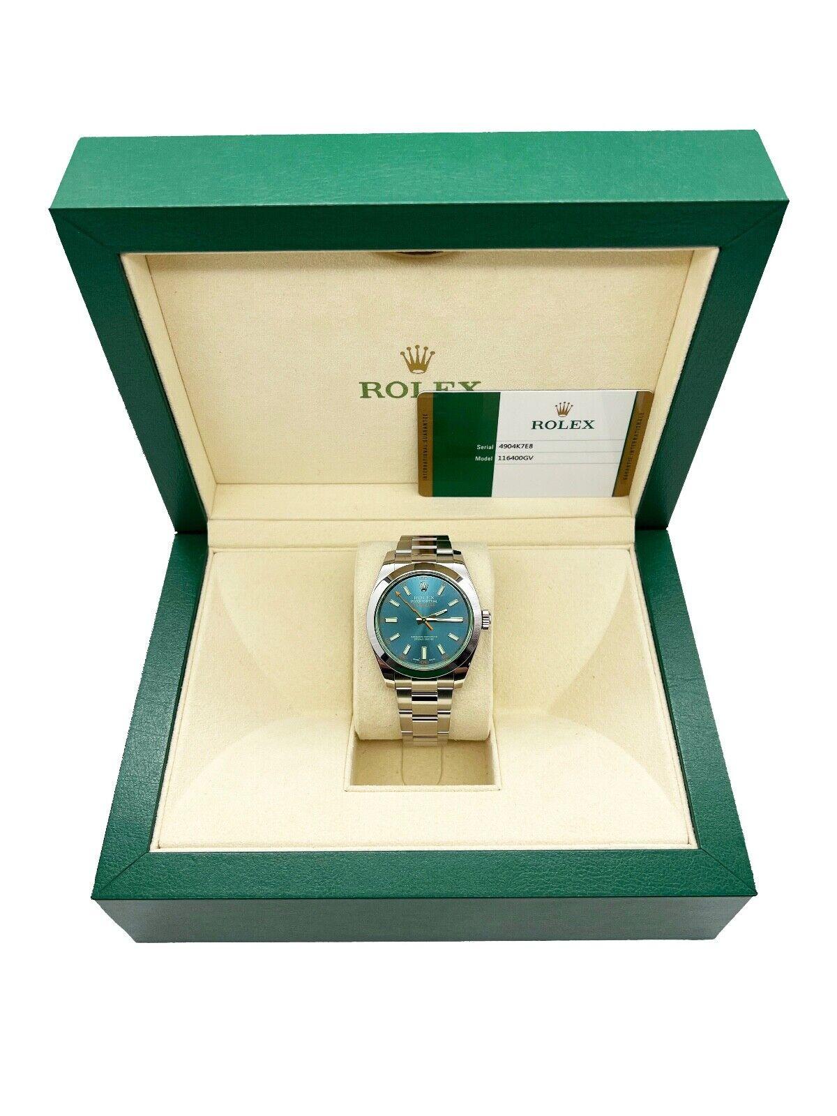 Style Number: 116400GV

Serial: 4904K***

Year: 2016

Model: Milgauss

Case Material: Stainless Steel

Band: Stainless Steel

Bezel: Stainless Steel

Dial: Blue

Face: Green Sapphire Crystal

Case Size: 40mm

Includes: 

-Rolex Box &