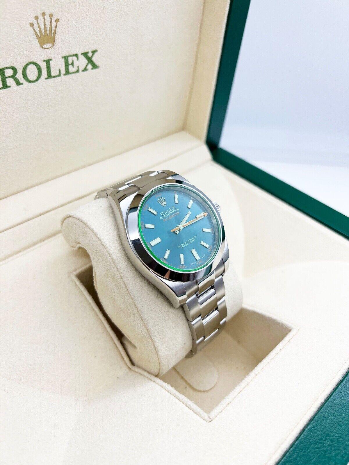 Rolex Milgauss 116400GV Green Crystal Blue Dial Stainless Steel 2016 Box Paper In Excellent Condition For Sale In San Diego, CA
