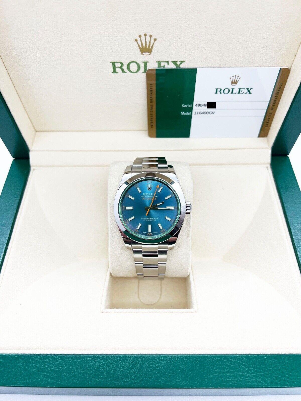 Rolex Milgauss 116400GV cadran vert cristal bleu en acier inoxydable 2016 Boîte papier en vente 4