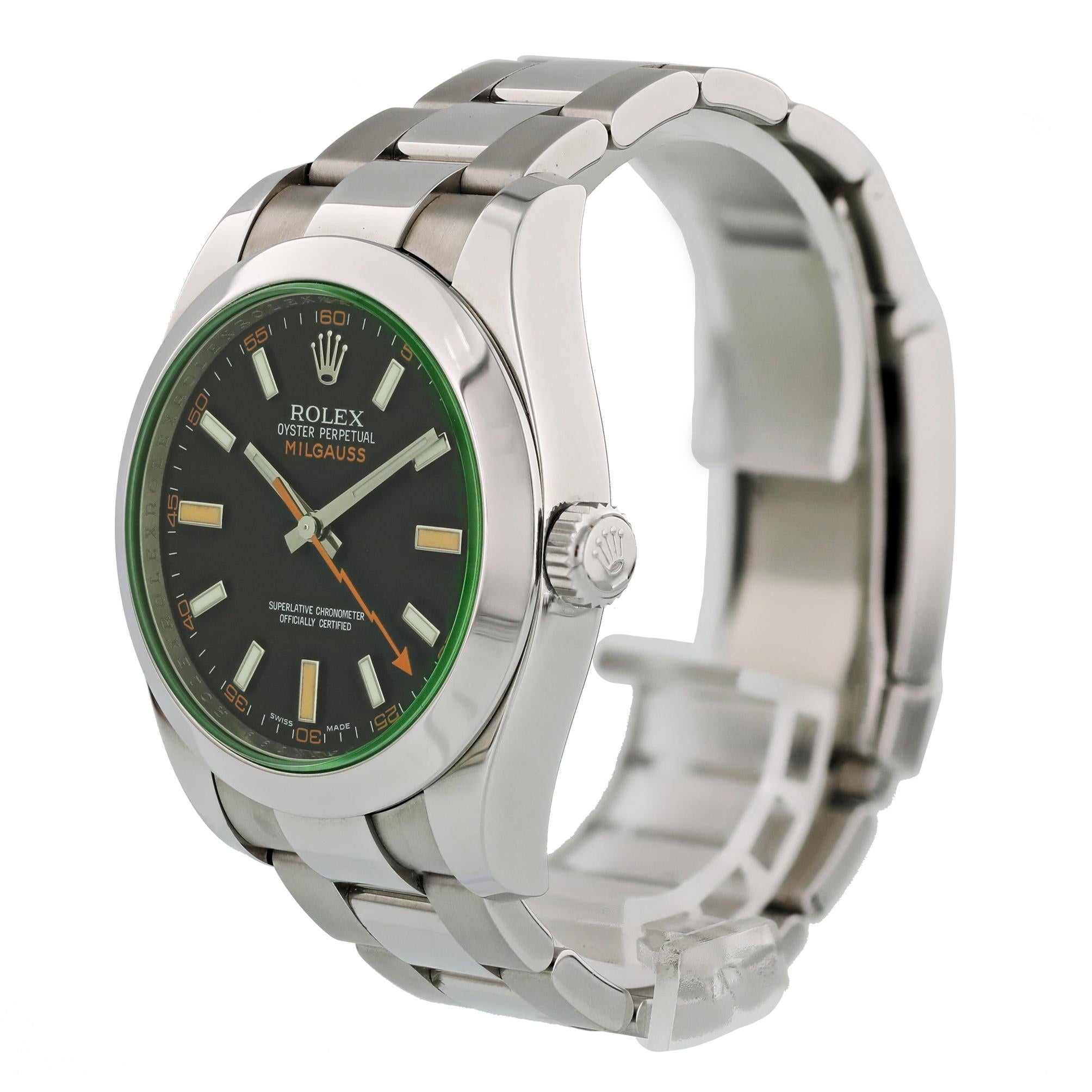 Rolex Milgauss Professional 116400GV Men Watch. 
40mm Stainless Steel case. 
Stainless Steel None bezel. 
Brown-dial dial with Luminous Steel hands and index hour markers. 
Minute markers on the outer dial. 
Stainless Steel bracelet with Fold Over