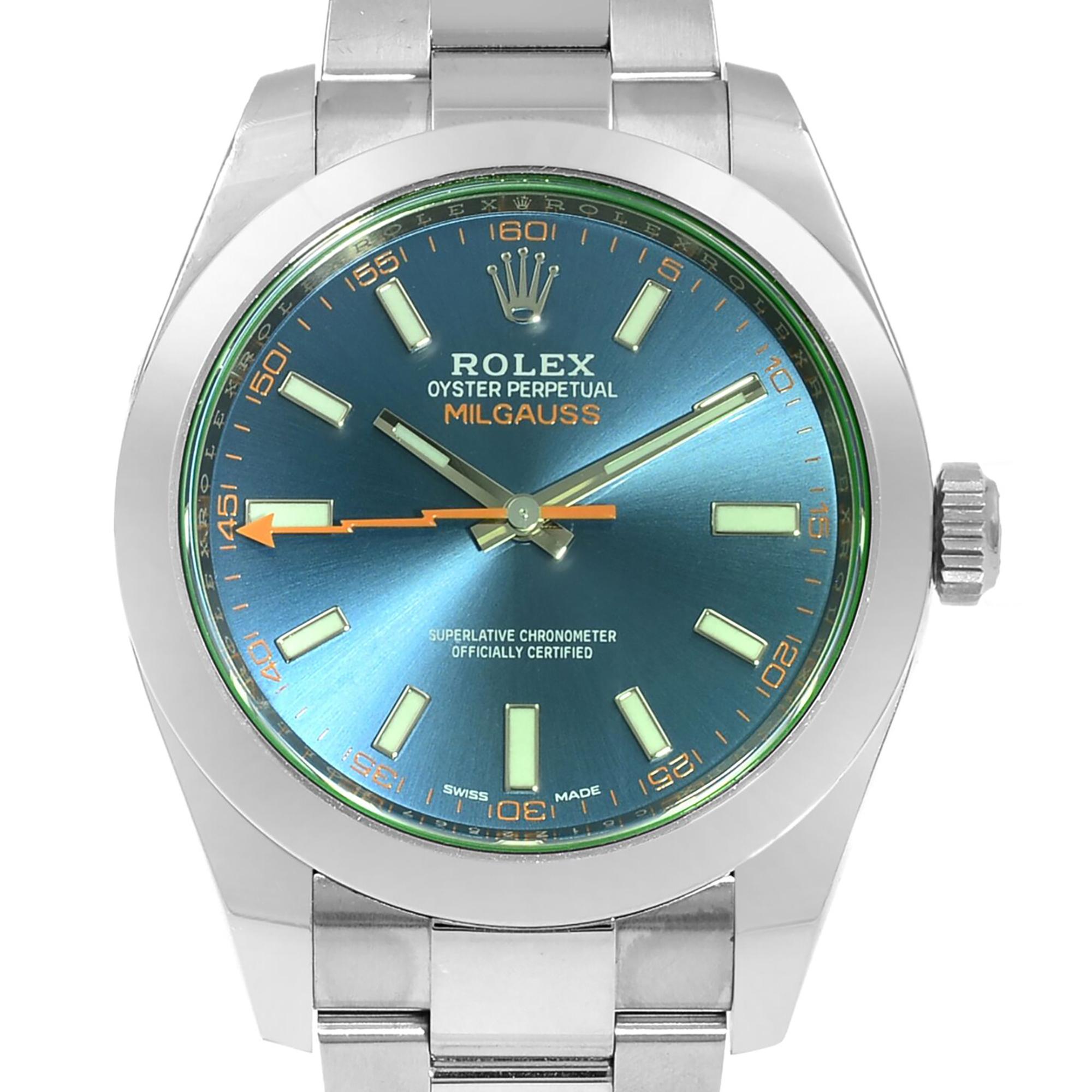 Scrambled (random )Serial. This pre-owned Rolex Milgauss 116400GV is a beautiful men's timepiece that is powered by a mechanical (automatic) movement which is cased in a stainless steel case. It has a round shape face, no features dial and has hand