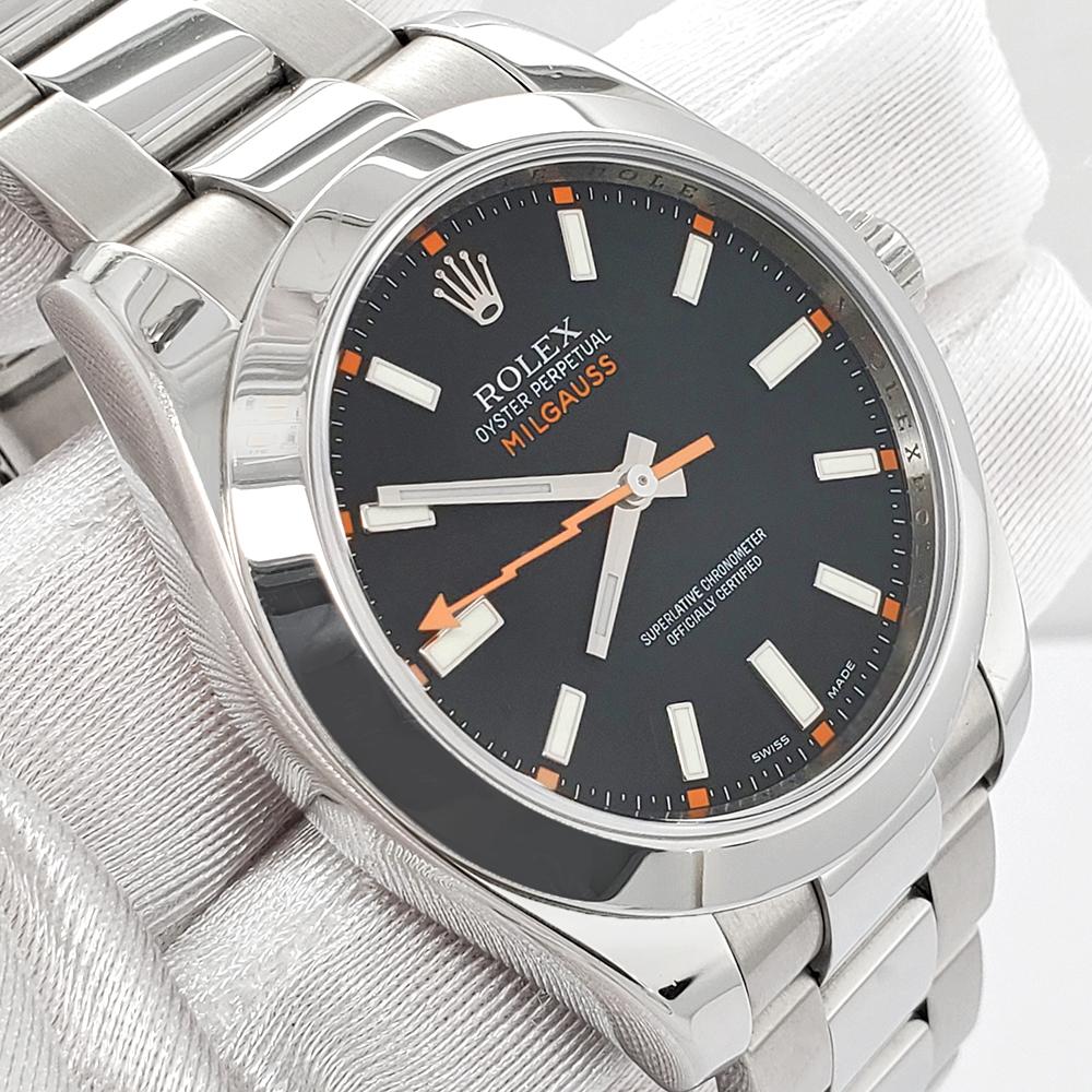 Rolex Milgauss 40MM Black Dial Stainless Steel Watch, Ref# 116400. Dated 2008.

Excellent, pristine condition, seviced by Rolex in 2016, works flawlessly, comes with Rolex box, Rolex papers, and Elegant Swiss Three year warranty. The watch is