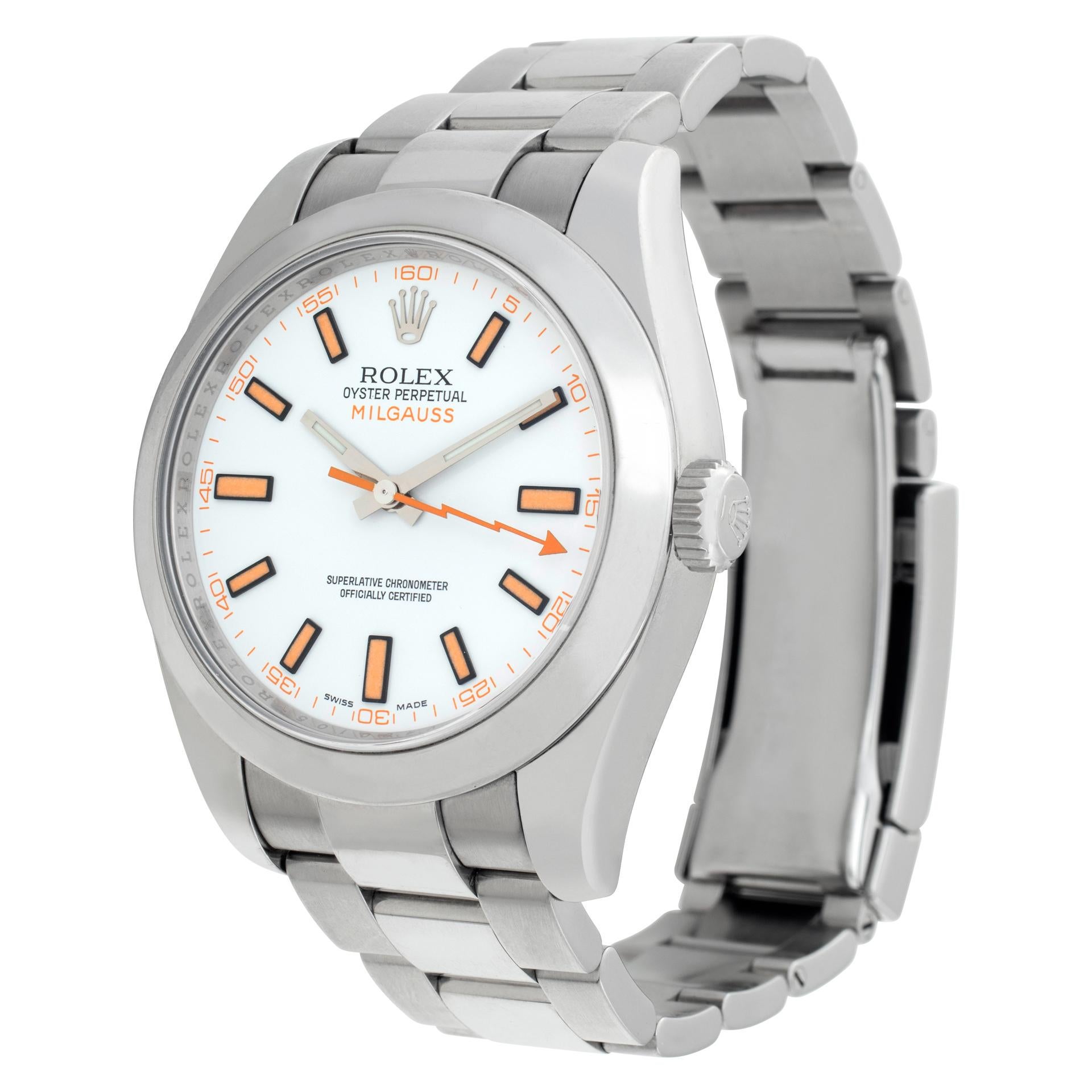 Rolex Milgauss in stainless steel with white dial and orange hour markers. 40 mm case size. Auto w/ sweep seconds. 40 mm case size. With box, tag and booklets. **Bank wire only at this price** Ref  116400. Circa 2018. Fine Pre-owned Rolex Watch.
