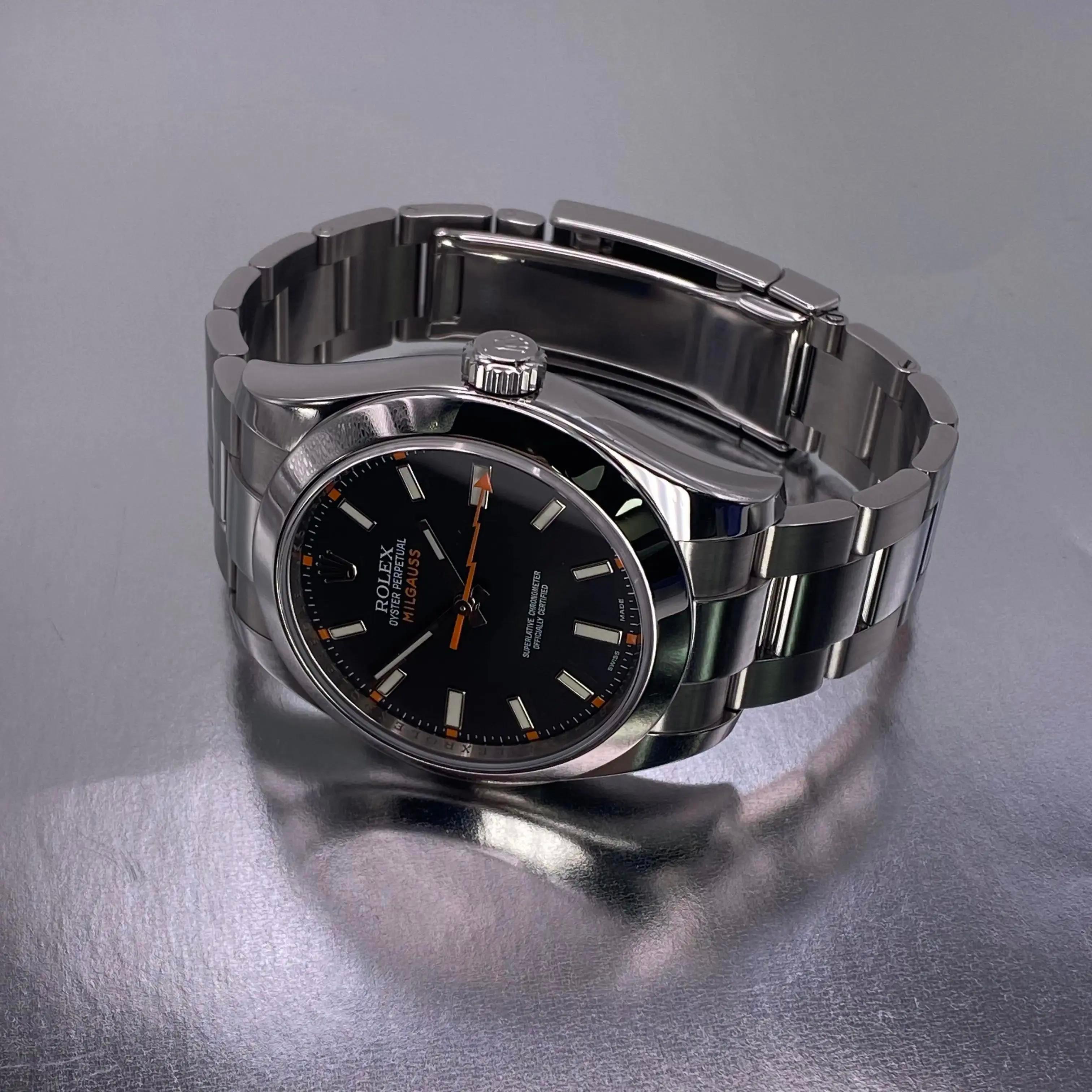 Men's Rolex Milgauss 40mm 116400 Steel Black Dial Orange Hand Automatic Watch B&P For Sale