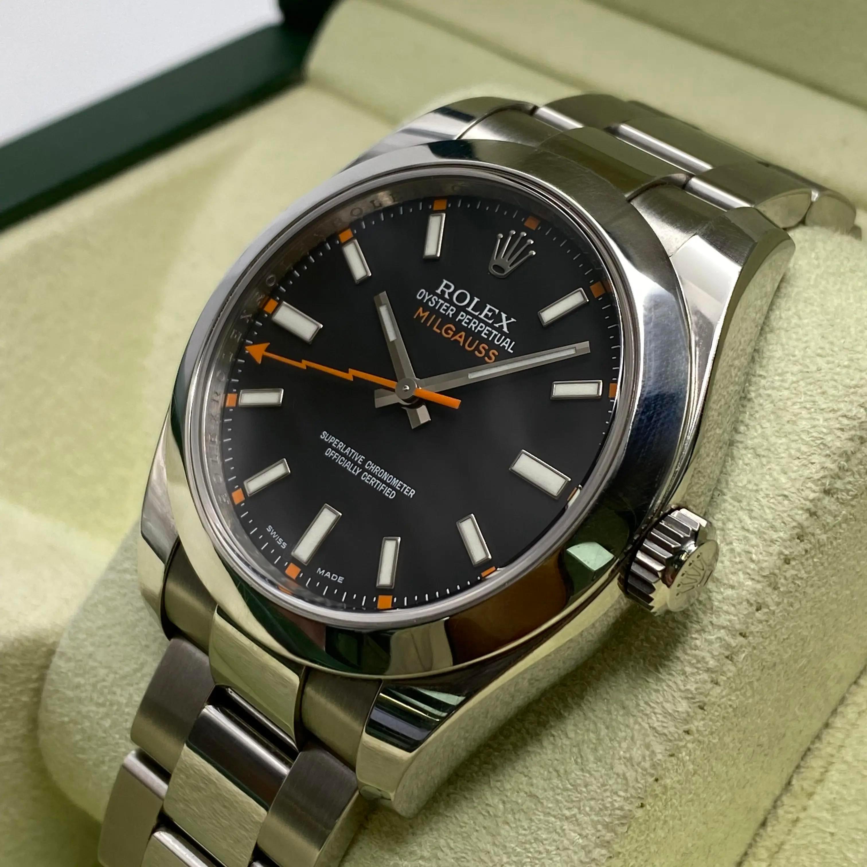 Rolex Milgauss 40mm 116400 Steel Black Dial Orange Hand Automatic Watch B&P For Sale 1
