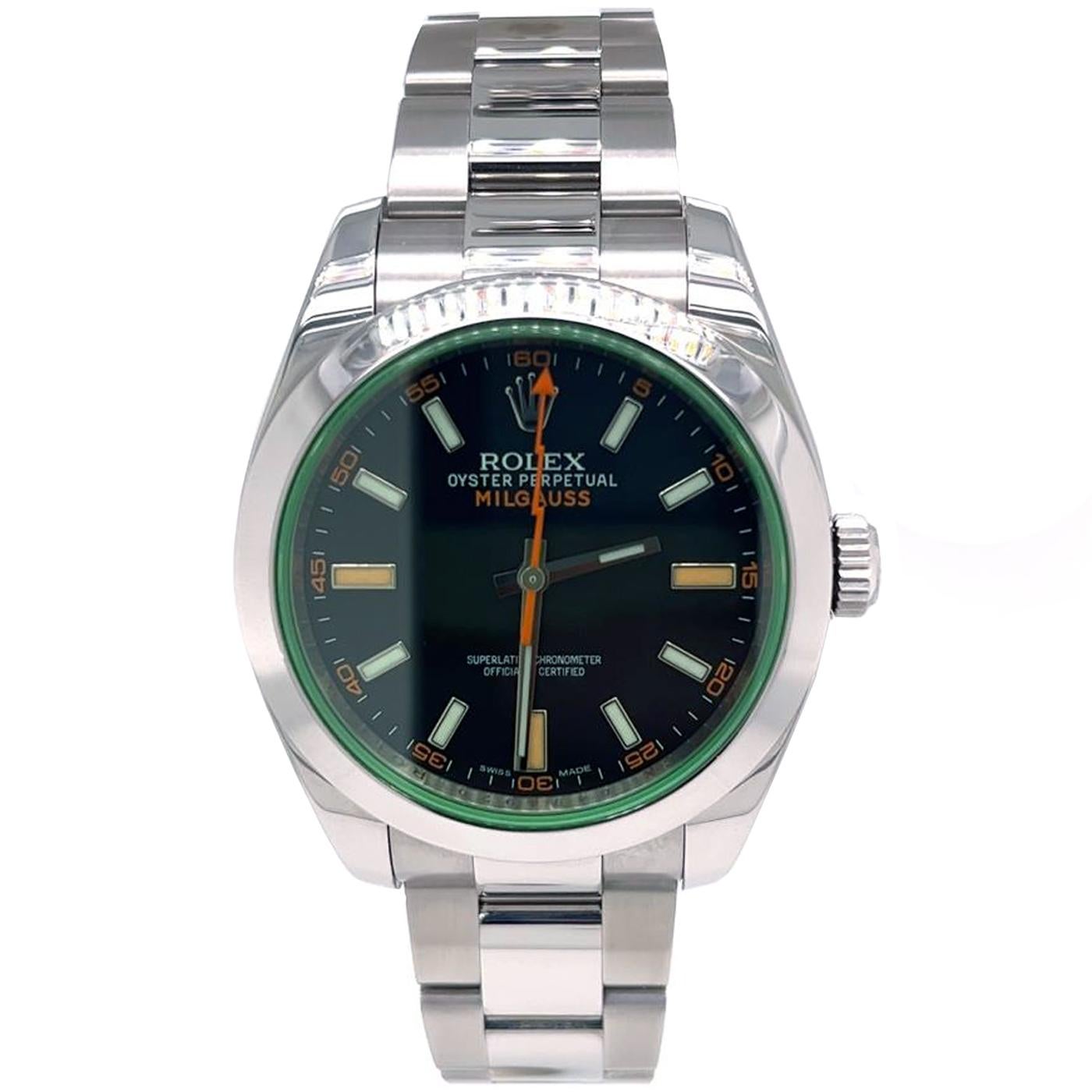 This Oyster Perpetual Milgauss Features a Black Dial with Luminescent Hour Markers, a Green Sapphire Crystal Produces Light Reflections While Preserving Optimal Legibility. with Its Clean Lines and Evocative Orange Seconds Hand, Shaped Like a