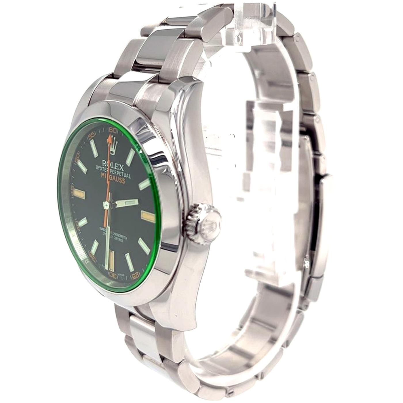Modernist Rolex Milgauss Black Dial Green Crystal Stainless Steel Watch 116400GV