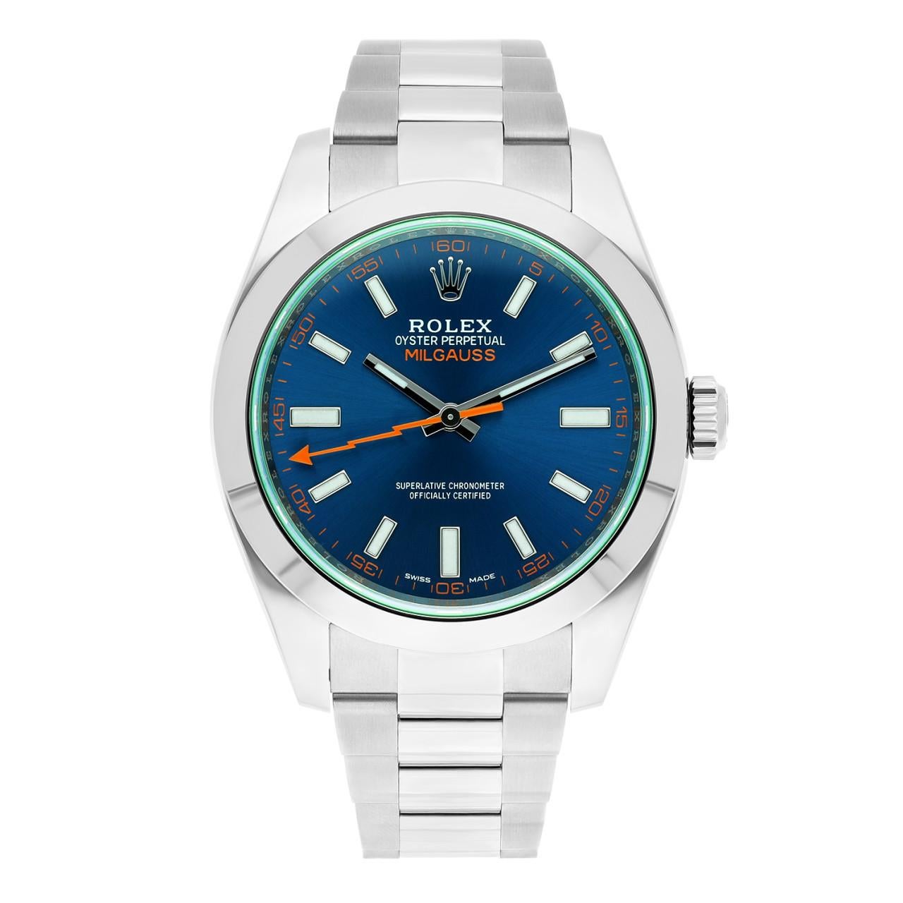 Stainless steel case with a stainless steel Rolex oyster bracelet. Fixed stainless steel bezel. Blue dial with luminous silver-tone hands and index hour markers. Minute markers around the outer rim. Luminescent hands and markers. Automatic movement