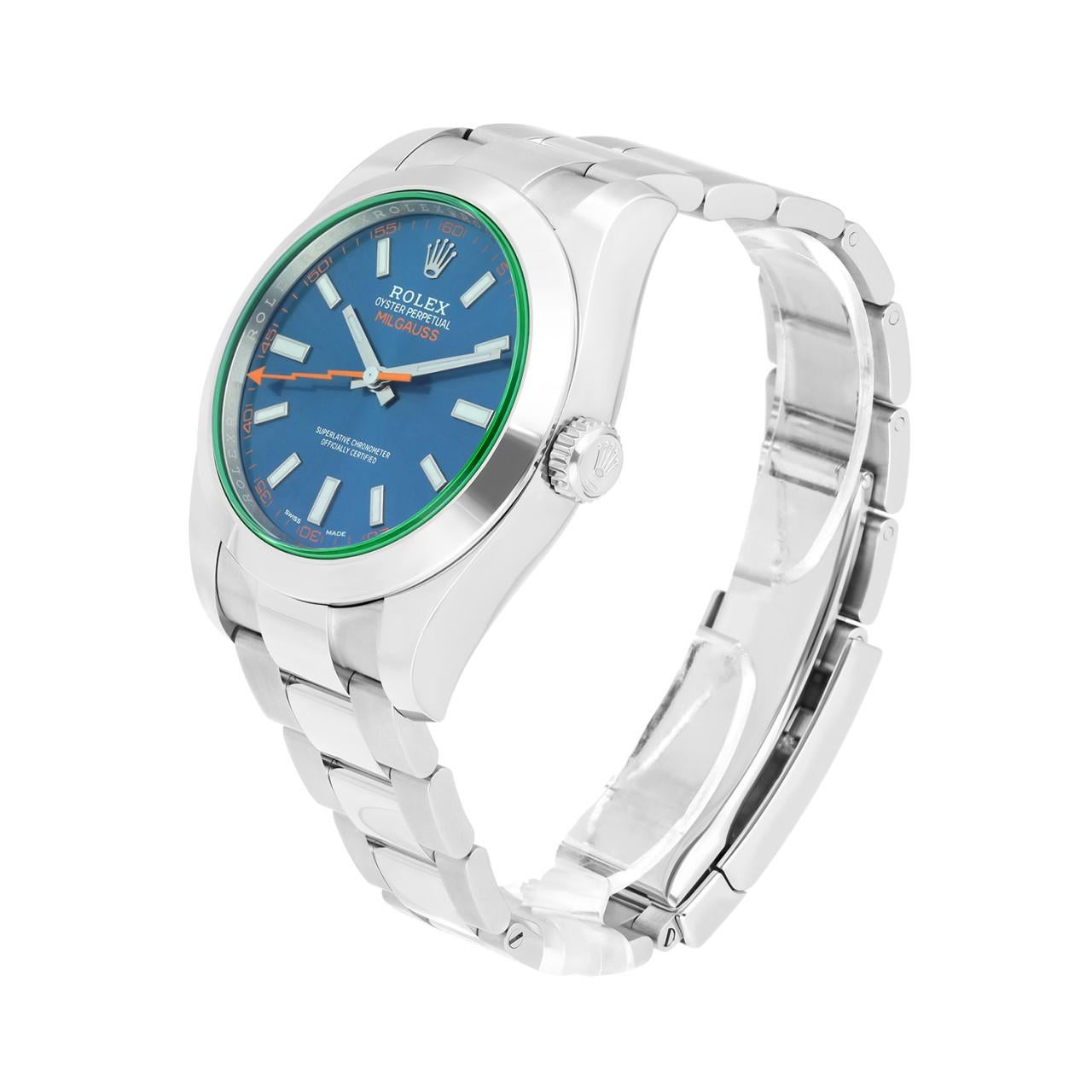 Rolex Milgauss 40mm Oyster 116400GV Stainless Steel Watch Blue Dial In Excellent Condition For Sale In New York, NY