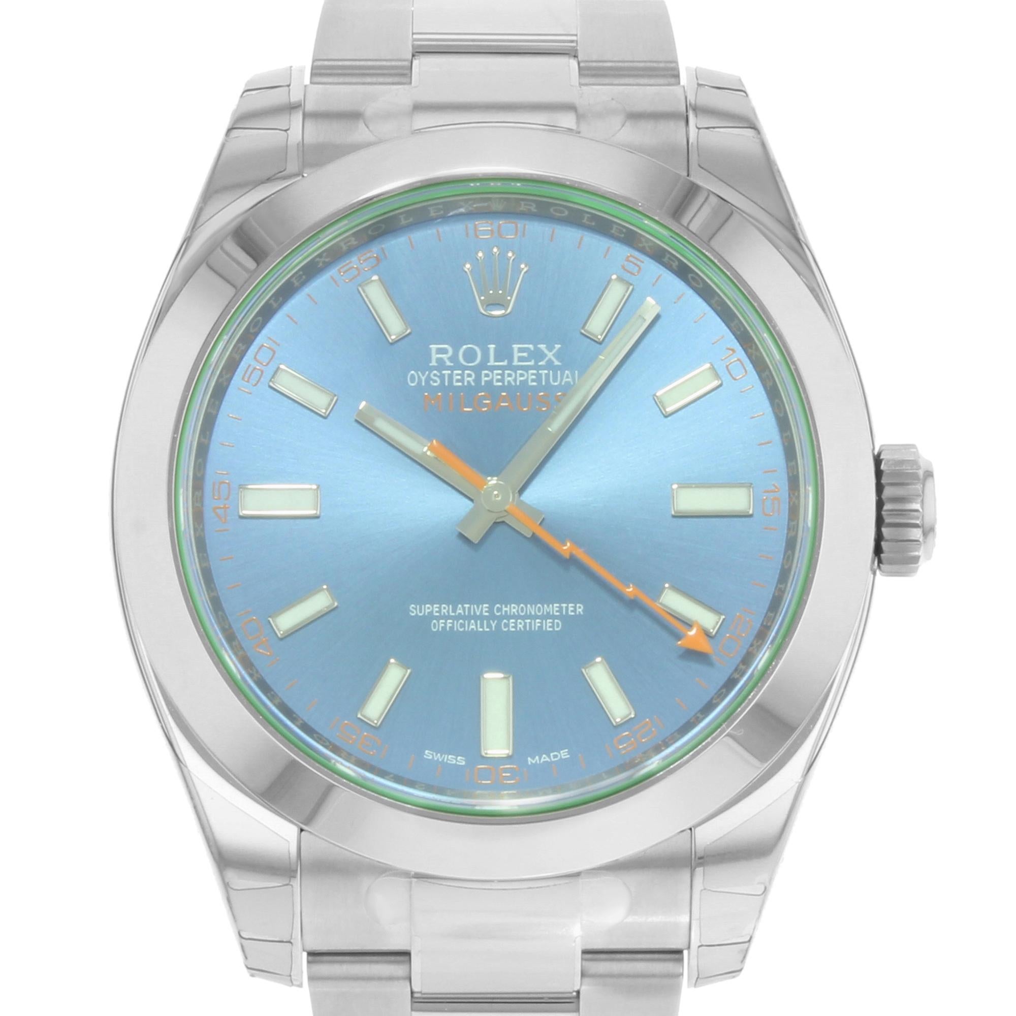 New Fully Stickers 2021 Card. Rolex Milgauss 40mm Stainless Steel Blue Dial Men's Automatic Watch 116400GV. This Timepiece is powered by an Automatic Movement and Features: Polished Stainless Steel Round Case and Steel Rolex Oyster Bracelet. Fixed