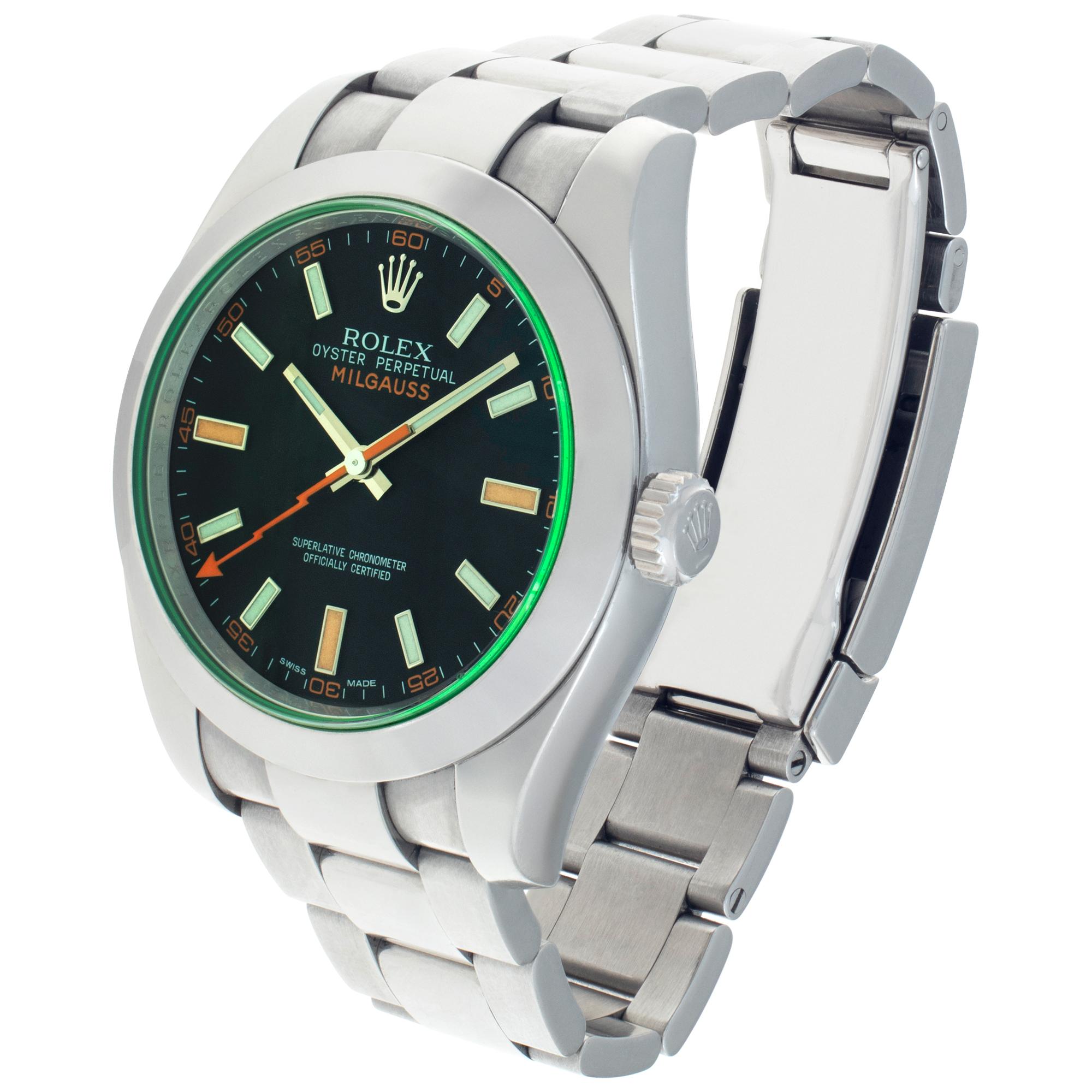 Rolex Milgauss in stainless steel with black dial and green crystal. Auto. 40 mm case size. **Bank wire only at this price** Ref 116400. Circa 2010. Fine Pre-owned Rolex Watch. Certified preowned Sport Rolex Milgauss 116400 watch is made out of