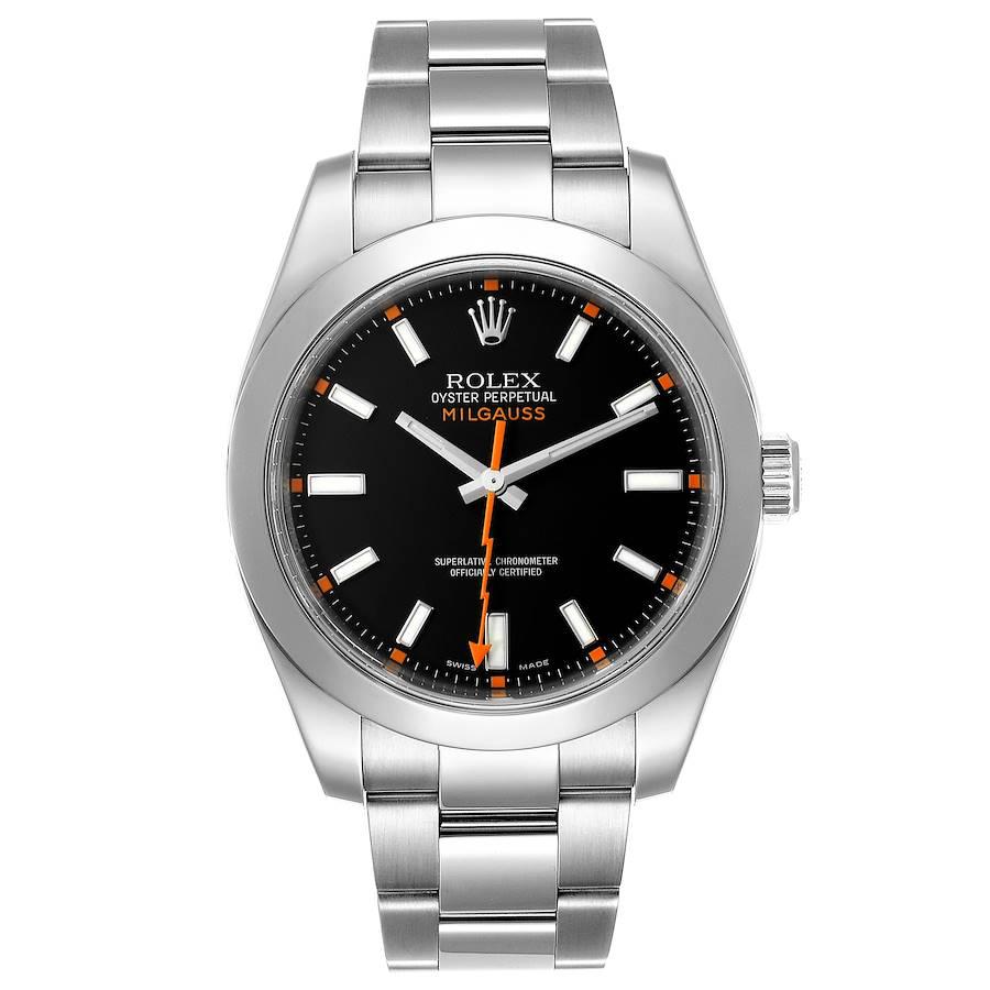 Rolex Milgauss Black Dial Domed Bezel Steel Mens Watch 116400 Box Card. Officially certified chronometer self-winding movement. Stainless steel case 40.0 mm in diameter. Stainless steel smooth domed bezel. Scratch resistant sapphire crystal. Black