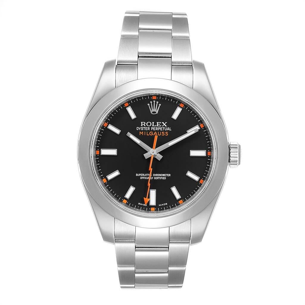Rolex Milgauss Black Dial Domed Bezel Steel Mens Watch 116400. Officially certified chronometer self-winding movement. Stainless steel case 40.0 mm in diameter. Stainless steel smooth domed bezel. Scratch resistant sapphire crystal. Black dial with