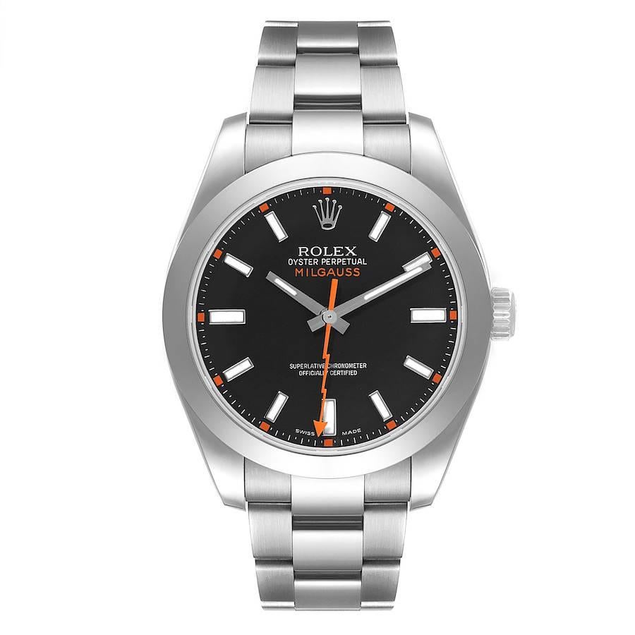 Rolex Milgauss Black Dial Domed Bezel Steel Mens Watch 116400. Officially certified chronometer self-winding movement. Stainless steel case 40.0 mm in diameter. Stainless steel smooth domed bezel. Scratch resistant sapphire crystal. Black dial with
