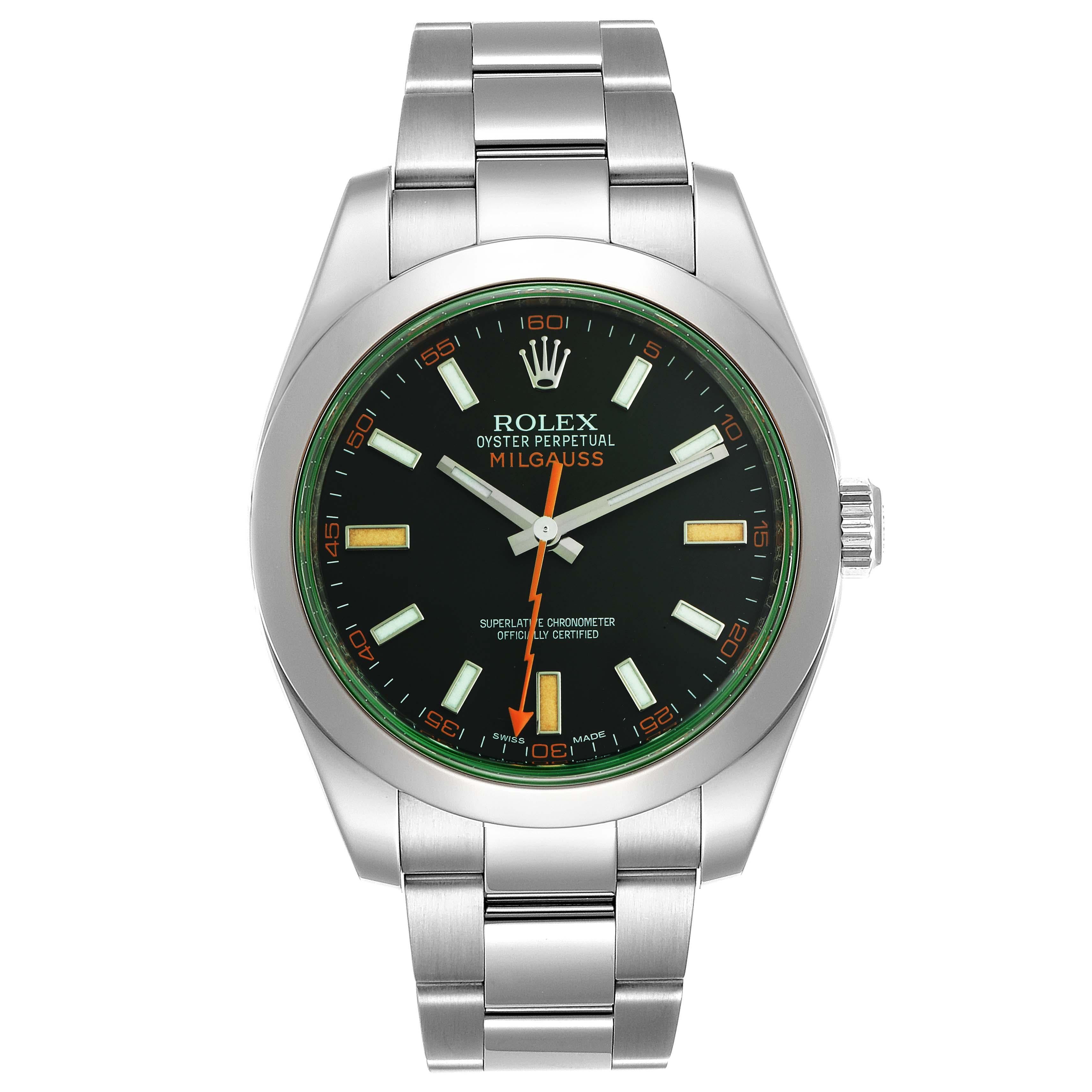 Rolex Milgauss Black Dial Green Crystal Mens Watch 116400V Box Card. Officially certified chronometer self-winding movement. Stainless steel case 40.0 mm in diameter. Stainless steel smooth domed bezel. Scratch resistant green sapphire crystal.