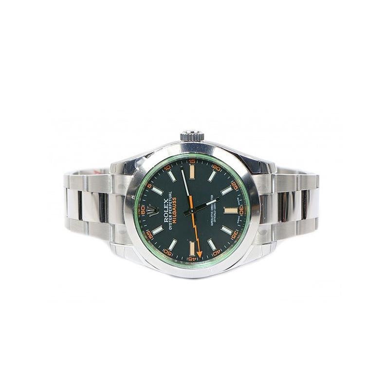 Black dial enhanced by luminous hands. Silver-tone stainless steel case with a silver-tone stainless steel rolex oyster band. Automatic movement. 100 meters / 330 feet water resistance. Fixed Domed bezel. Green Sapphire Crystal crystal. Solid