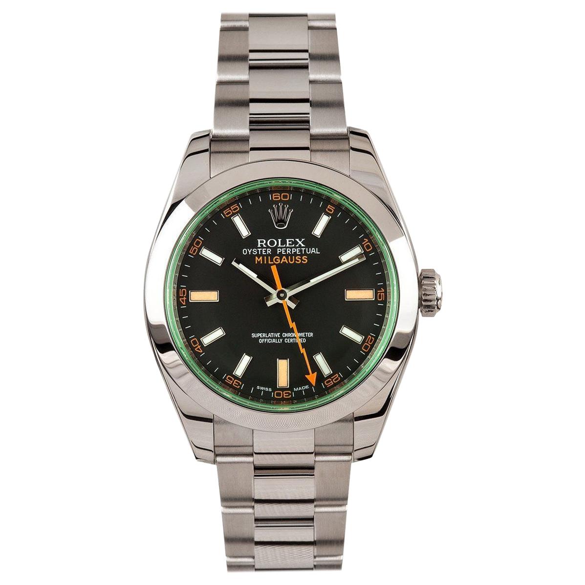 Rolex Milgauss Black Dial Green Crystal Oyster Bracelet Unisex Watch, 116400