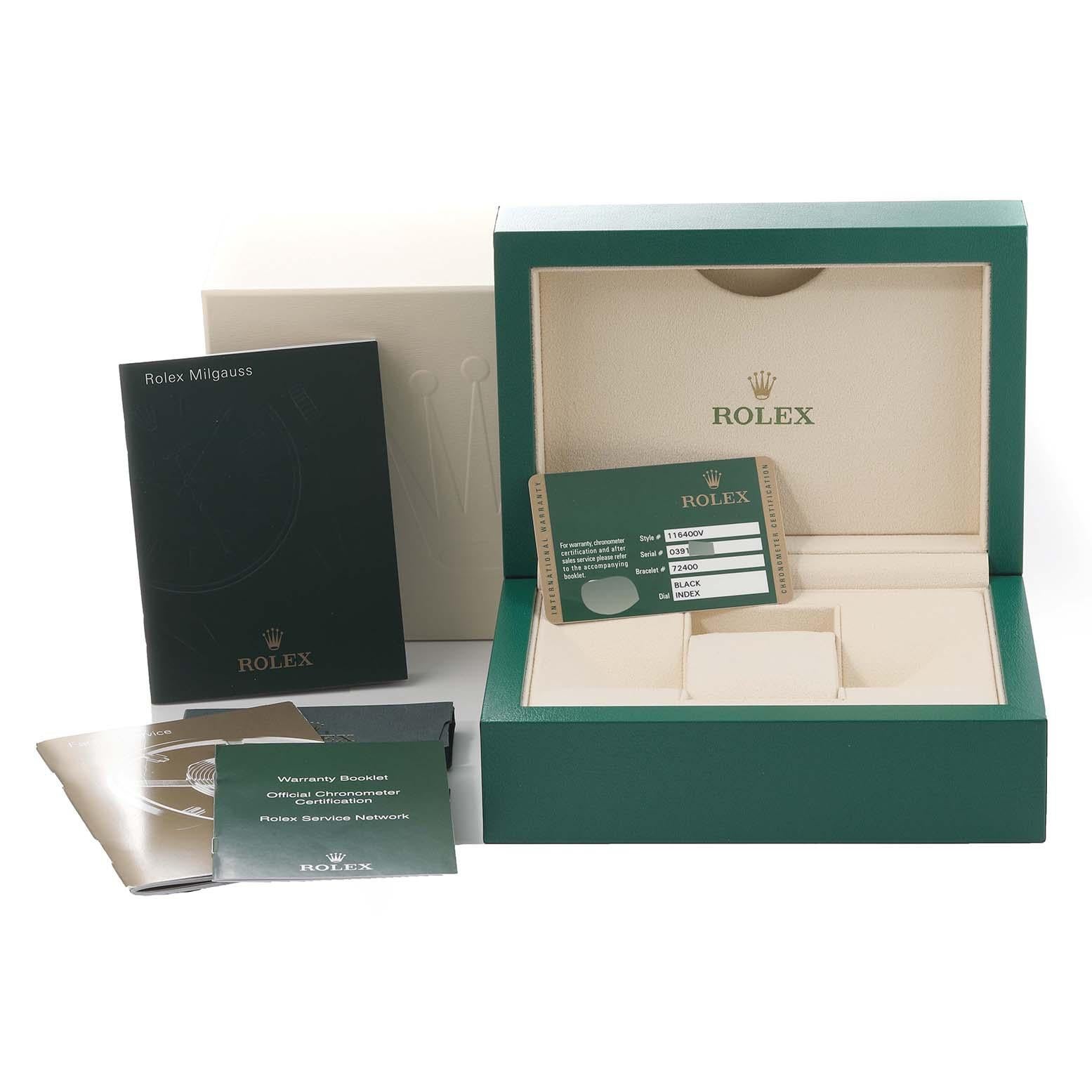 Rolex Milgauss Black Dial Green Crystal Steel Mens Watch 116400 Box Card 8