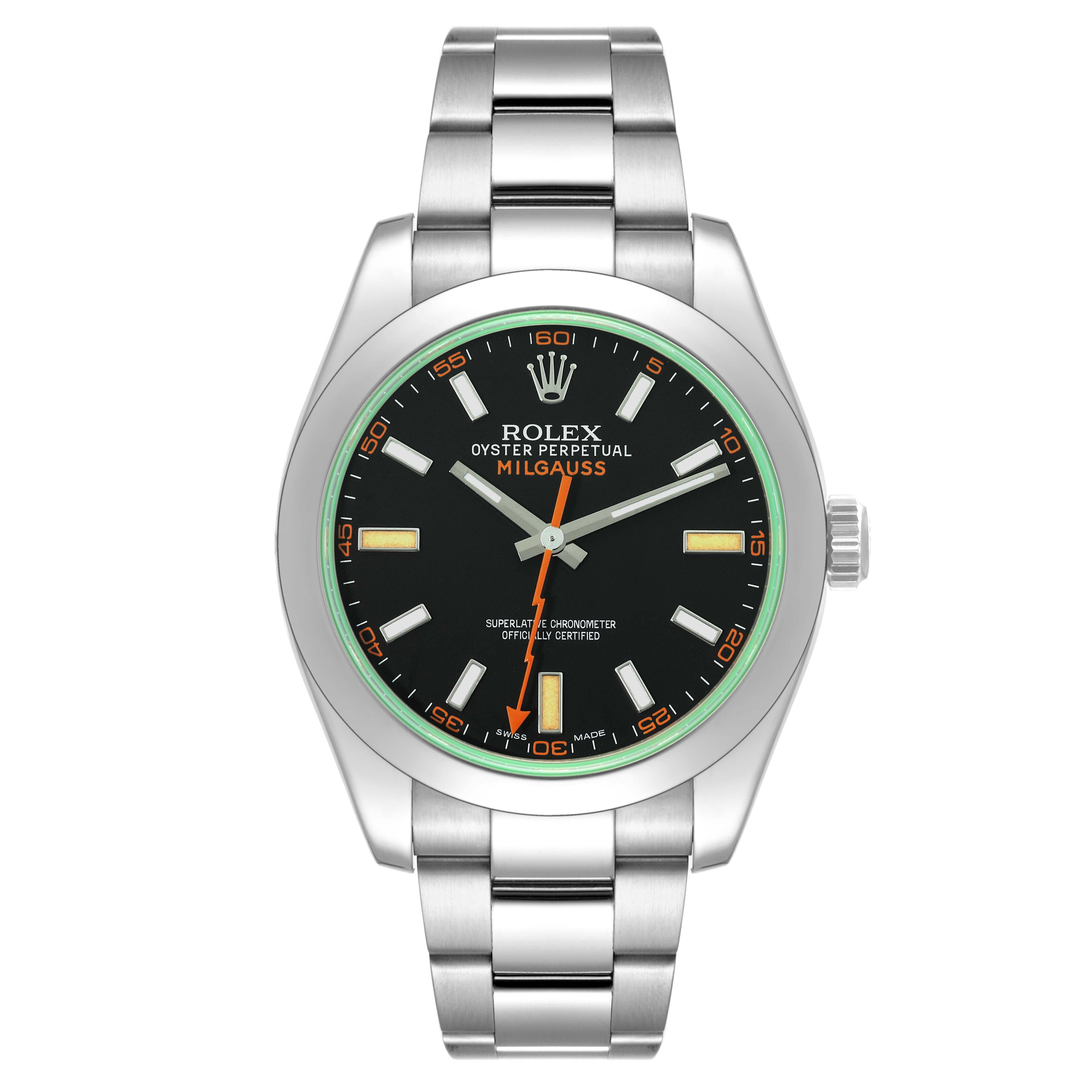 Rolex Milgauss Black Dial Green Crystal Steel Mens Watch 116400 Box Card. Officially certified chronometer automatic self-winding movement. Stainless steel case 40.0 mm in diameter. Stainless steel smooth bezel. Scratch resistant green sapphire
