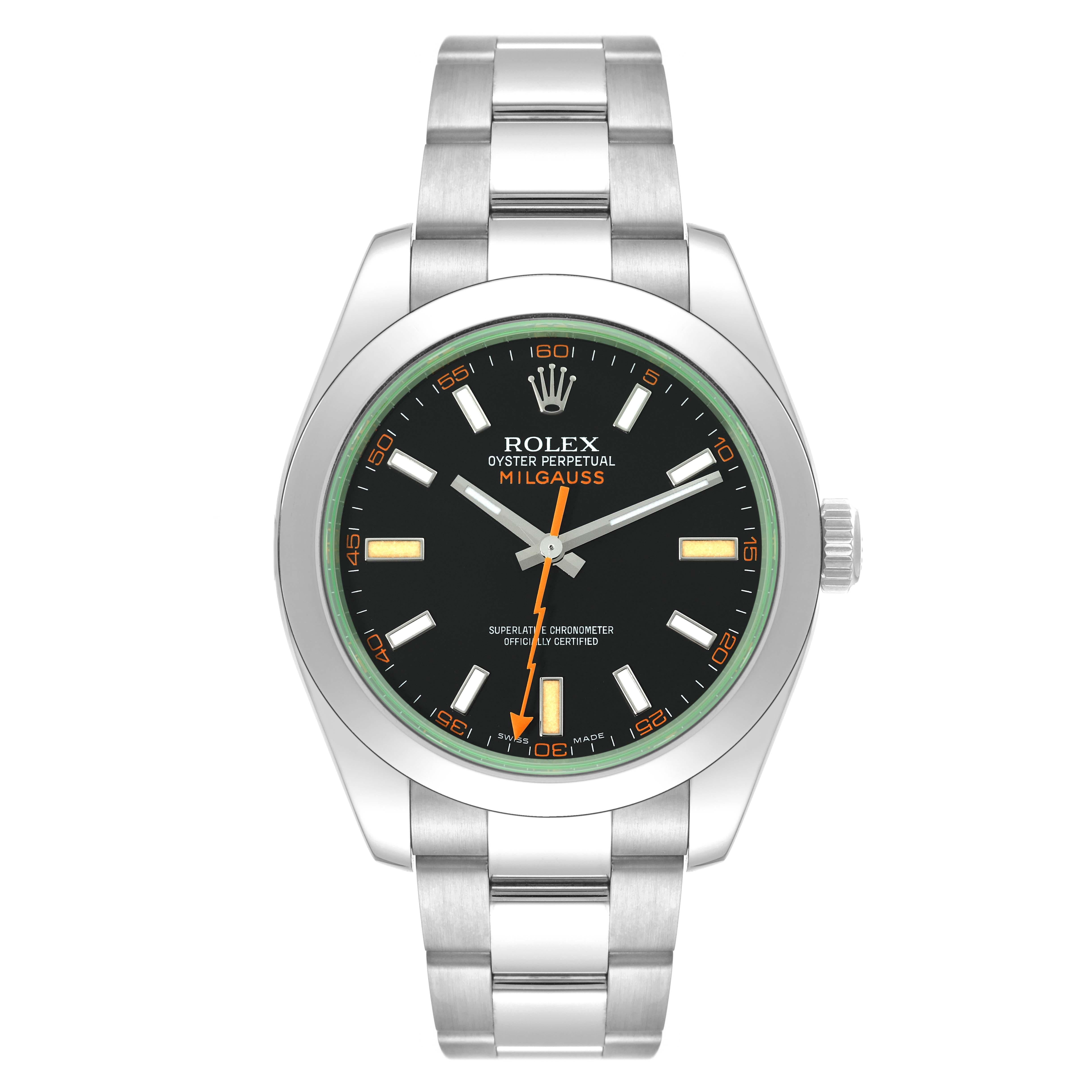 Rolex Milgauss Black Dial Green Crystal Steel Mens Watch 116400 Box Card. Officially certified chronometer automatic self-winding movement. Stainless steel case 40.0 mm in diameter. Stainless steel smooth bezel. Scratch resistant green sapphire