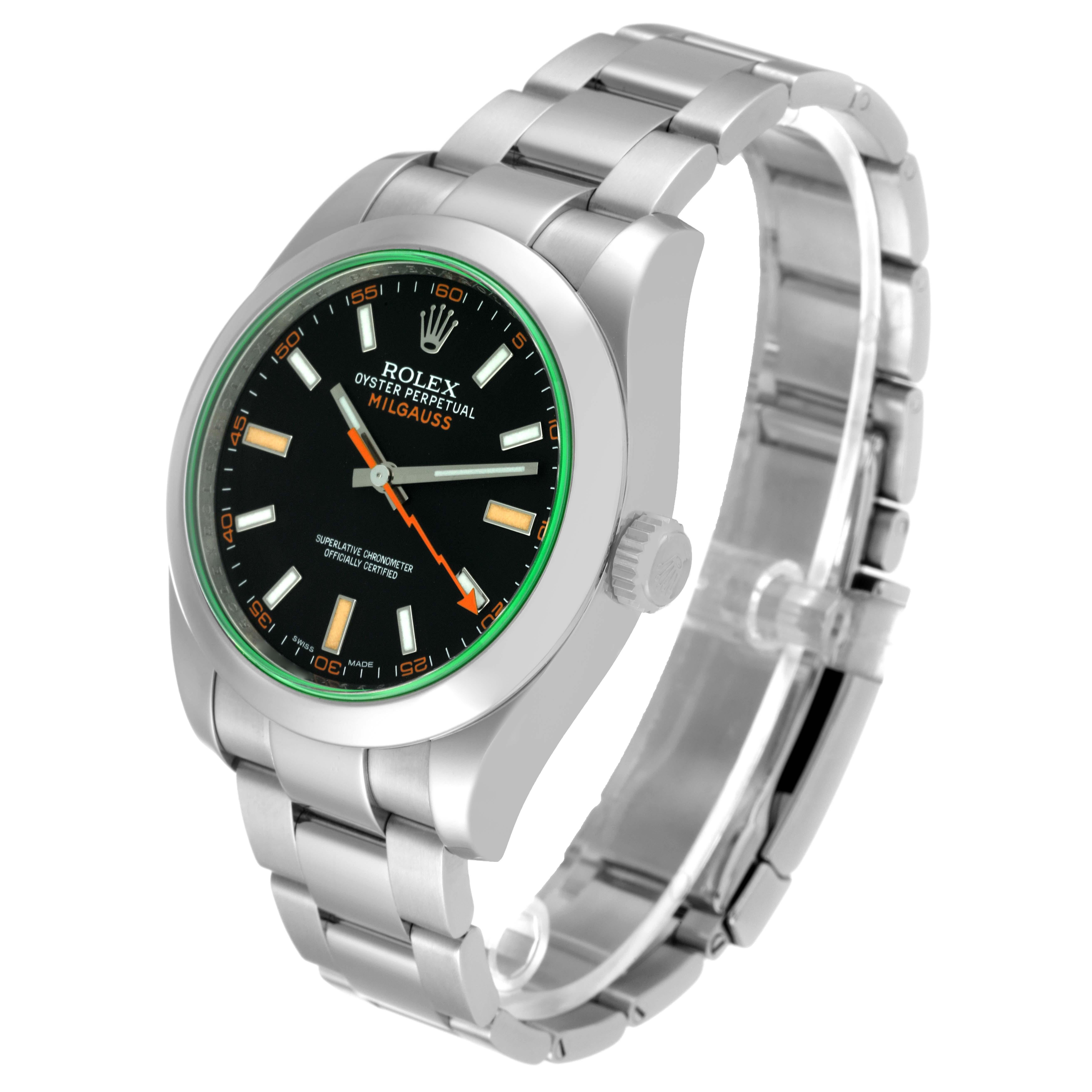 Men's Rolex Milgauss Black Dial Green Crystal Steel Mens Watch 116400 Box Card