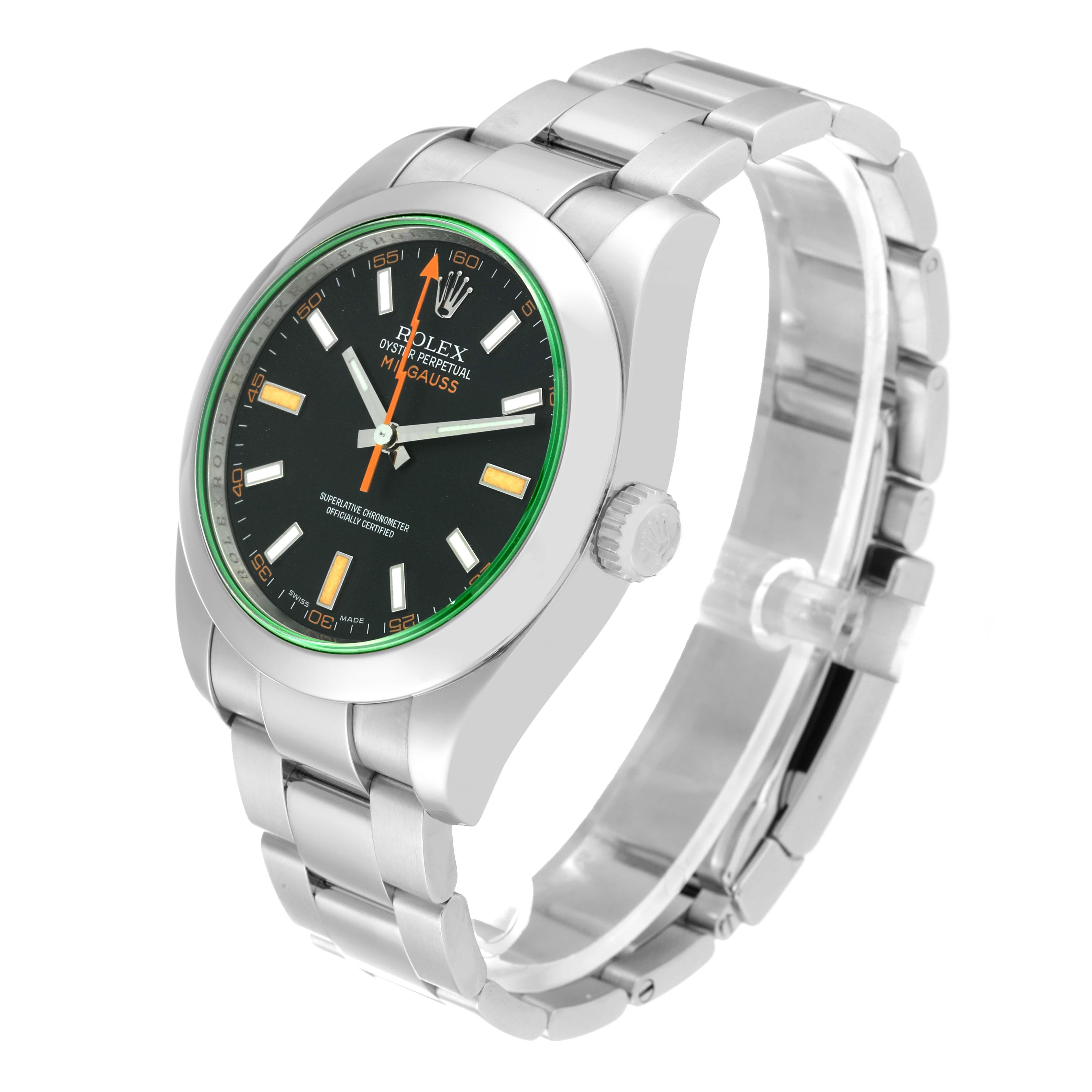 Men's Rolex Milgauss Black Dial Green Crystal Steel Mens Watch 116400