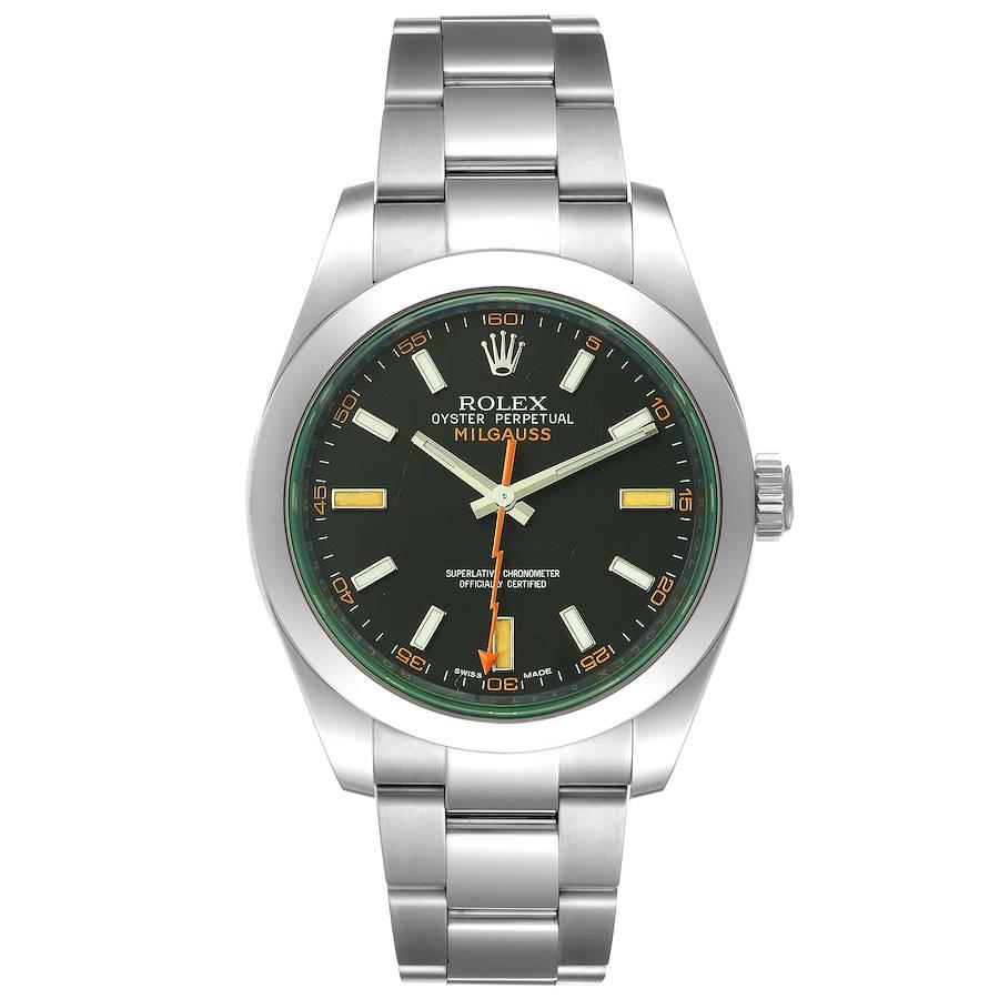 Rolex Milgauss Black Dial Green Crystal Steel Mens Watch 116400GV. Officially certified chronometer self-winding movement. Stainless steel case 40.0 mm in diameter. Stainless steel smooth domed bezel. Scratch resistant green sapphire crystal. Black