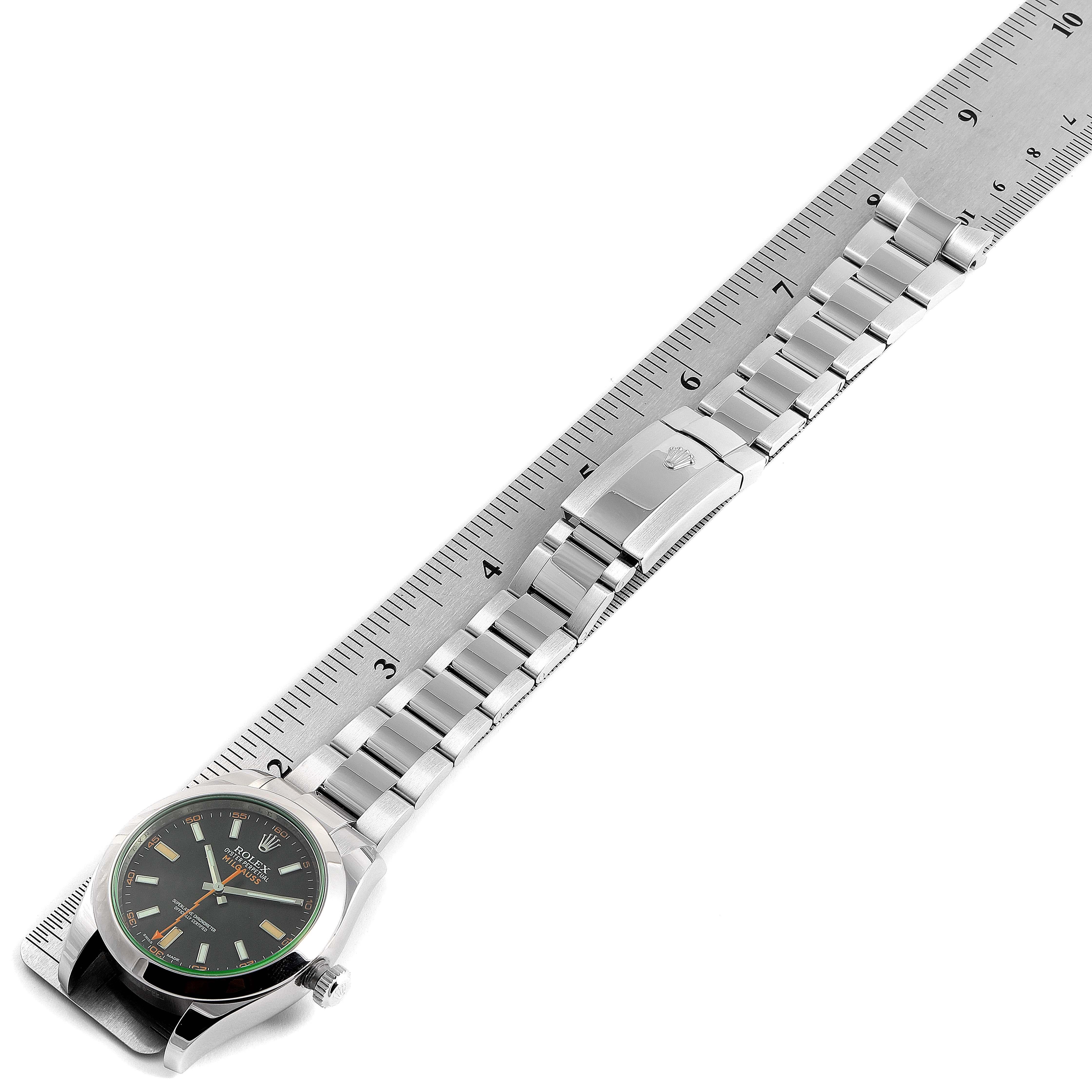 Rolex Milgauss Black Dial Green Crystal Steel Men's Watch 116400V Box Card For Sale 7