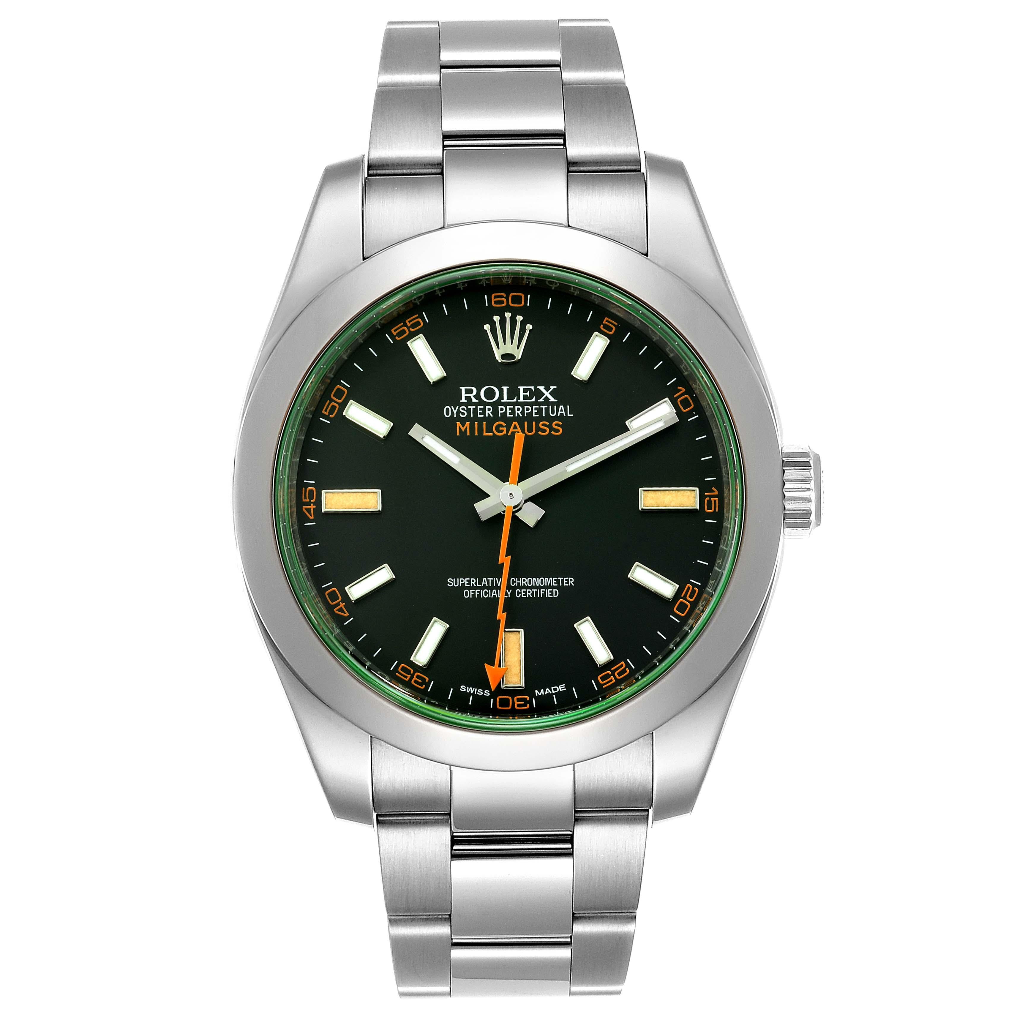 Rolex Milgauss Black Dial Green Crystal Steel Mens Watch 116400V Box Card. Officially certified chronometer self-winding movement. Stainless steel case 40.0 mm in diameter. Stainless steel fixed smooth domed bezel. Scratch resistant green sapphire