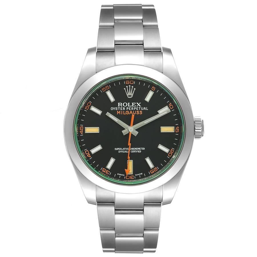 Rolex Milgauss Black Dial Green Crystal Steel Mens Watch 116400V Box Card. Officially certified chronometer self-winding movement. Stainless steel case 40.0 mm in diameter. Stainless steel smooth domed bezel. Scratch resistant green sapphire