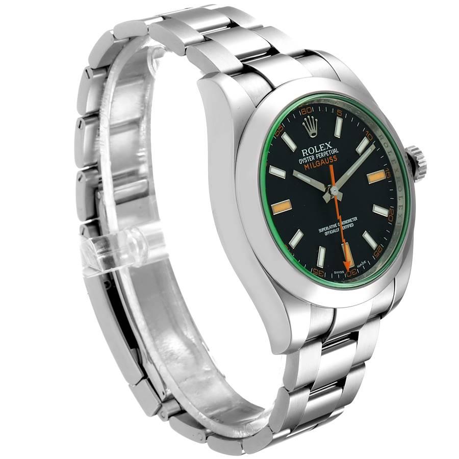 Rolex Milgauss schwarzes Zifferblatt grün Kristall Stahl Herrenuhr 116400V Box Karte im Zustand „Hervorragend“ im Angebot in Atlanta, GA