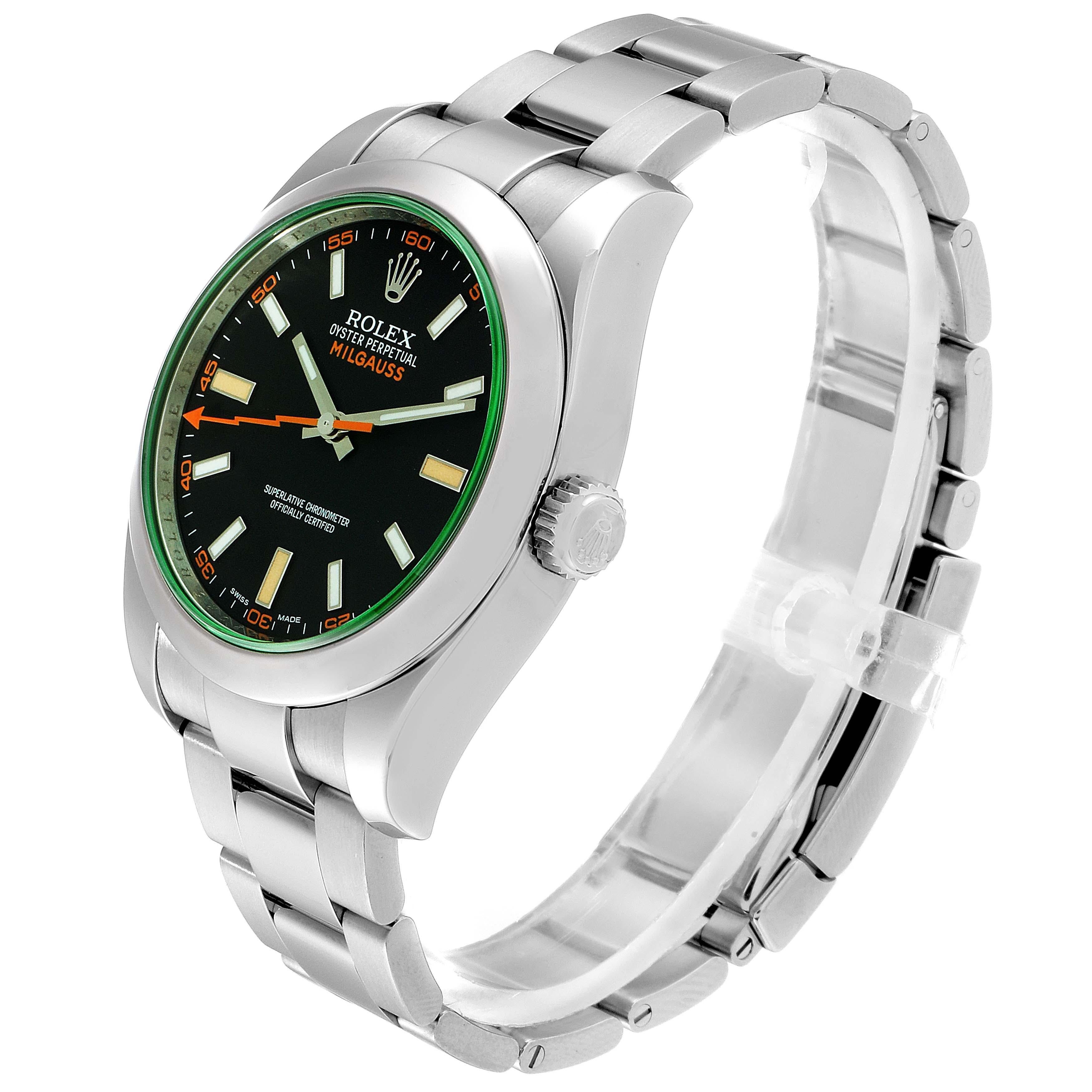 Rolex Milgauss Black Dial Green Crystal Steel Men's Watch 116400V Box Card For Sale 1