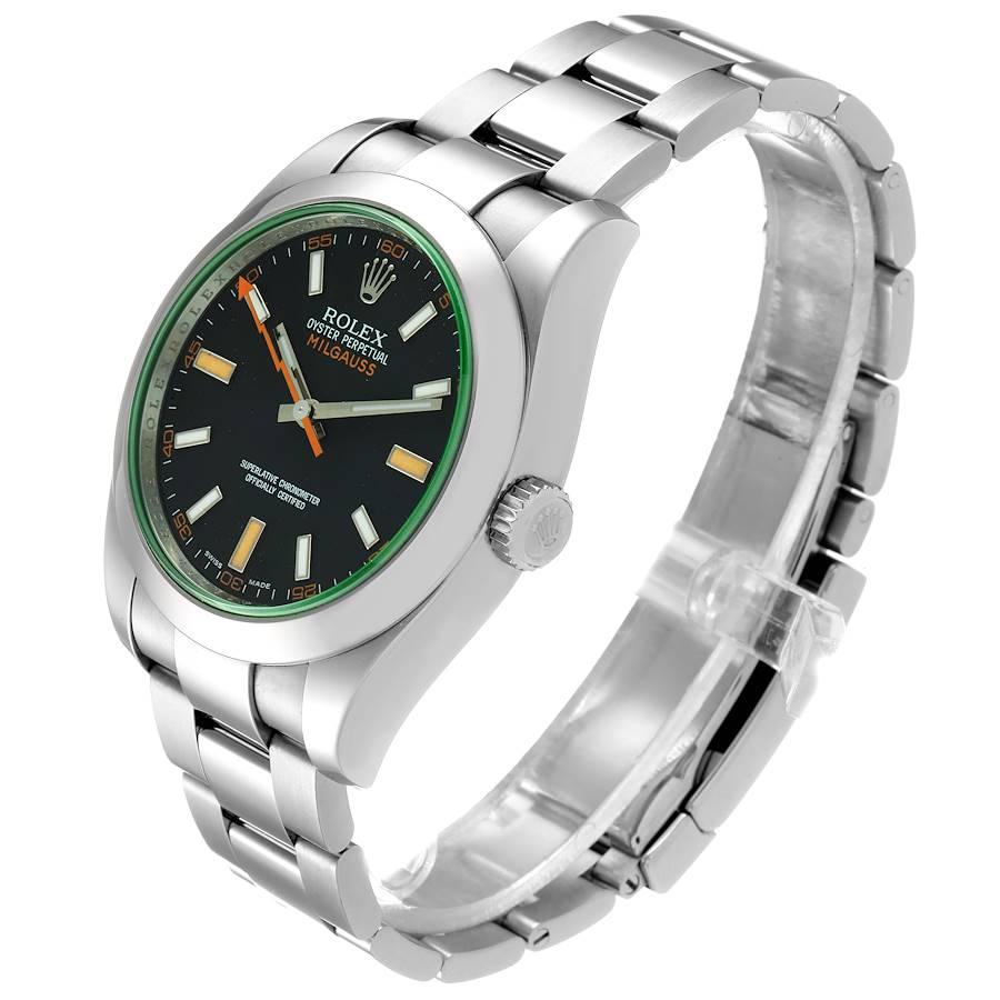 Rolex Milgauss schwarzes Zifferblatt grün Kristall Stahl Herrenuhr 116400V Box Karte im Angebot 1