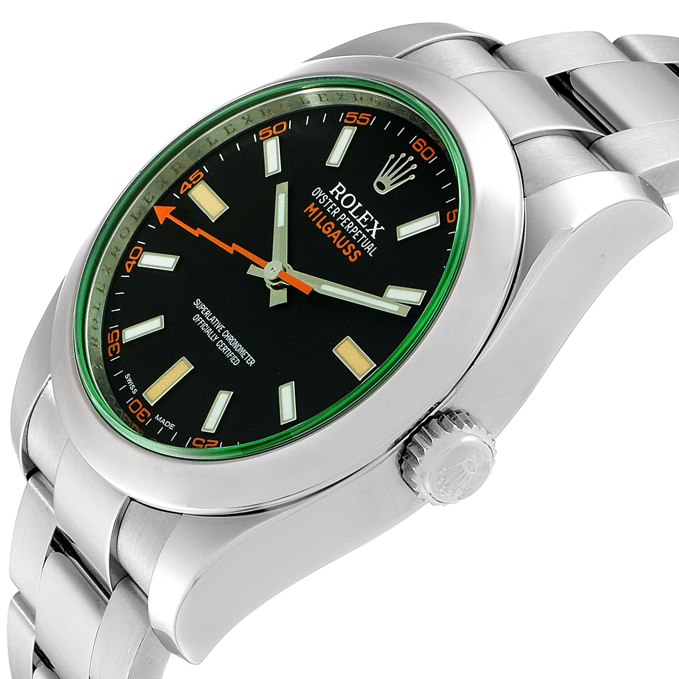 Rolex Milgauss Black Dial Green Crystal Steel Men's Watch 116400V Box Card For Sale 2