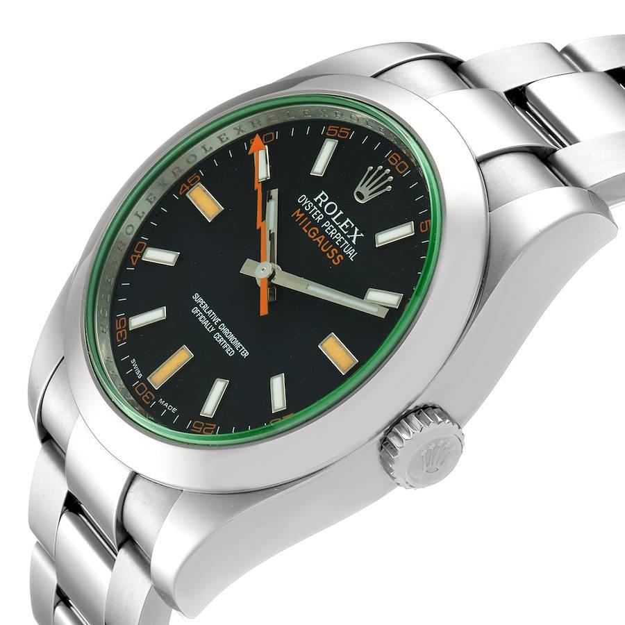 Rolex Milgauss schwarzes Zifferblatt grün Kristall Stahl Herrenuhr 116400V Box Karte im Angebot 2