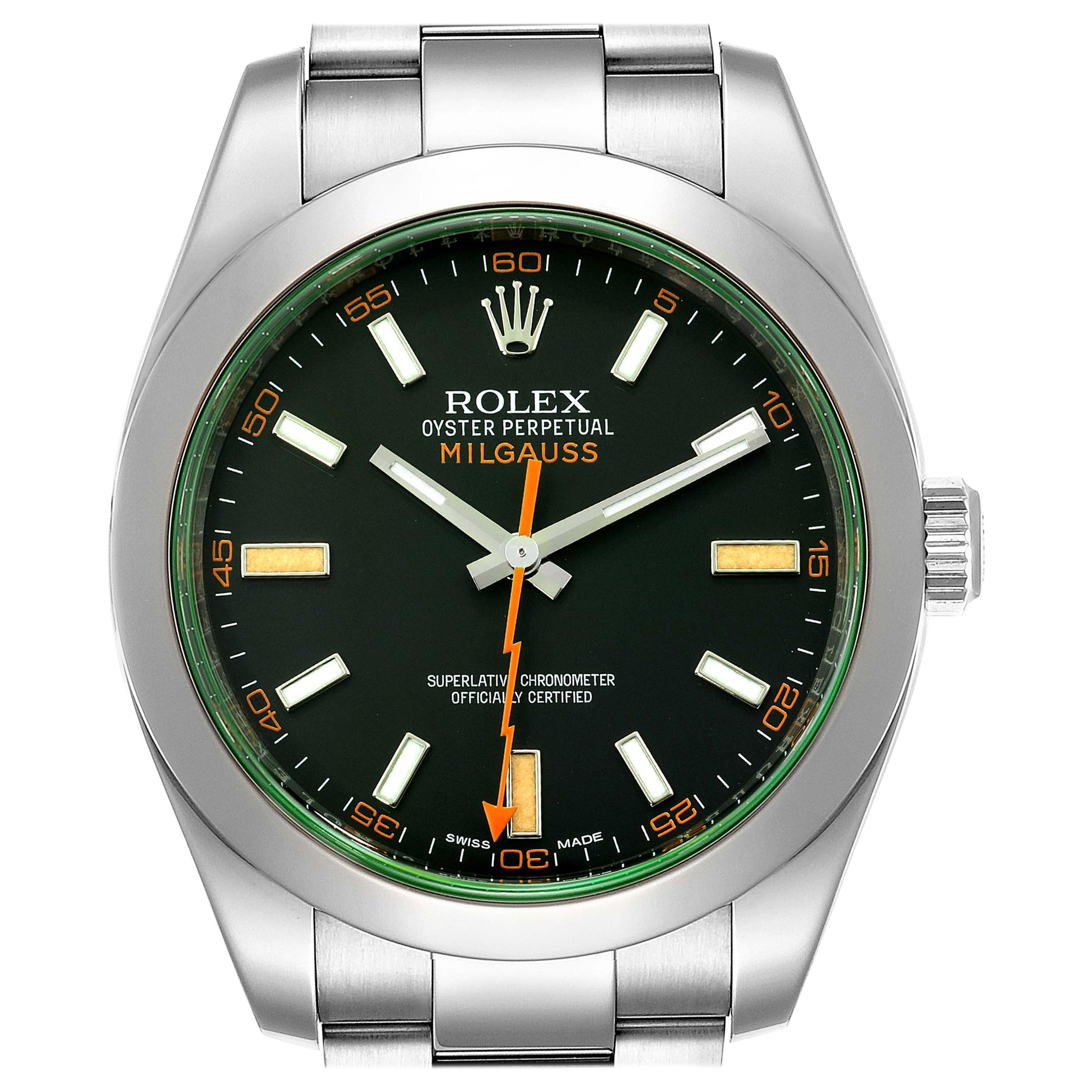 Rolex Milgauss Black Dial Green Crystal Steel Men's Watch 116400V Box Card For Sale