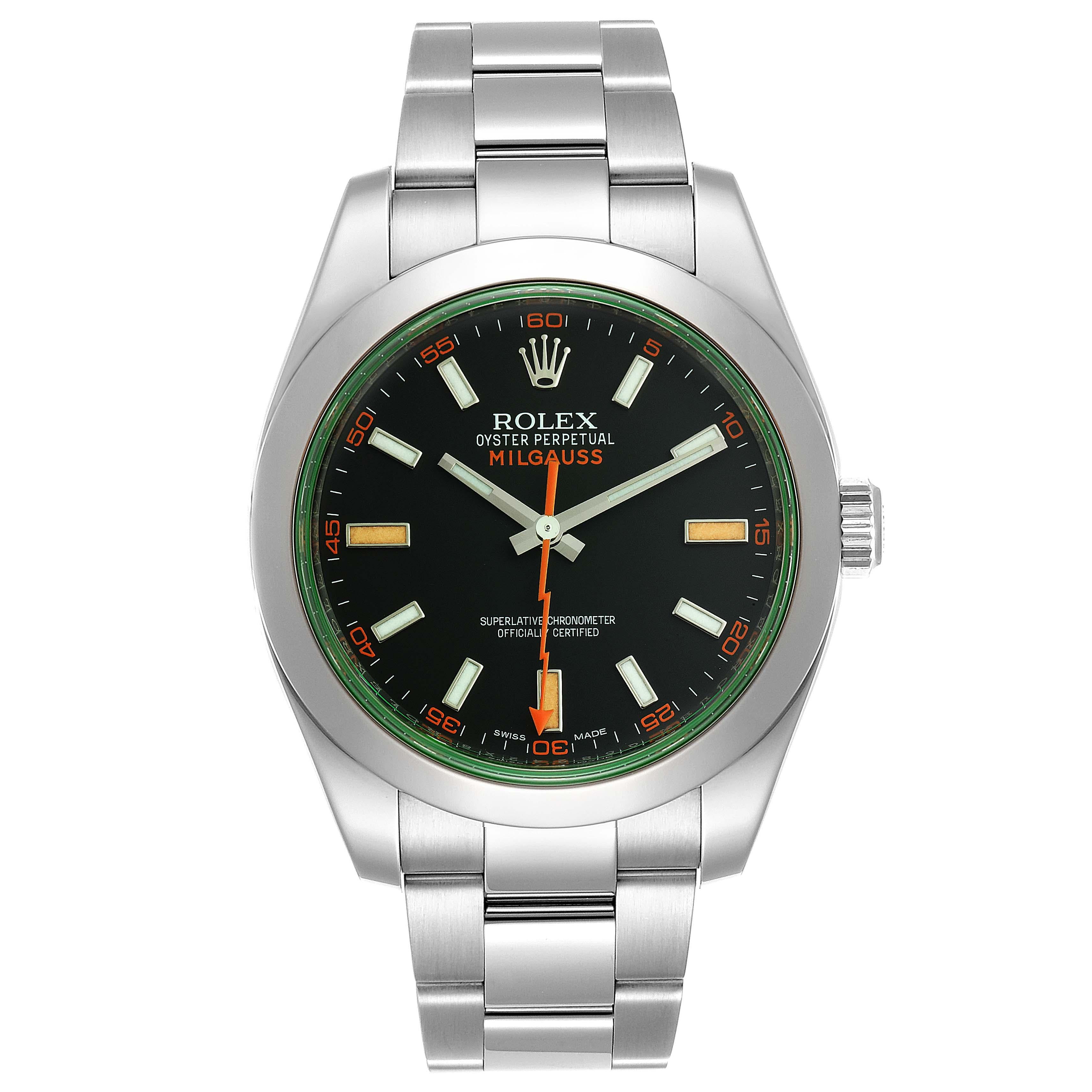 Rolex Milgauss Black Dial Green Crystal Steel Mens Watch 116400V. Officially certified chronometer self-winding movement. Stainless steel case 40.0 mm in diameter. Stainless steel fixed smooth domed bezel. Scratch resistant green sapphire crystal.