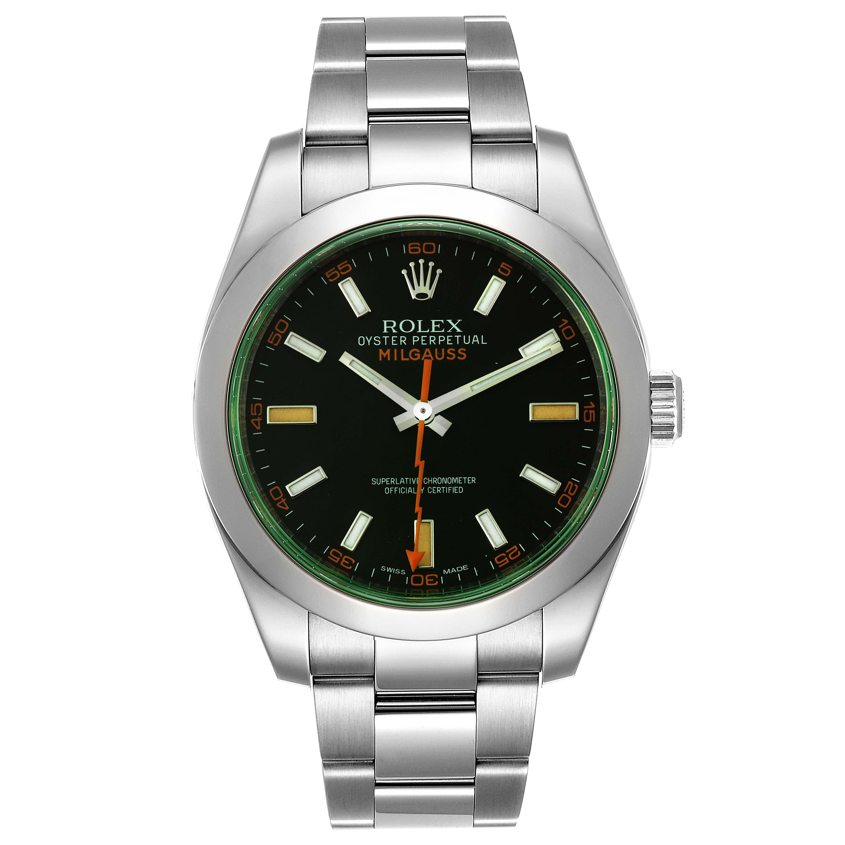 Rolex Milgauss Black Dial Green Crystal Steel Mens Watch 116400V. Officially certified chronometer self-winding movement. Stainless steel case 40.0 mm in diameter. Stainless steel fixed smooth domed bezel. Scratch resistant green sapphire crystal.