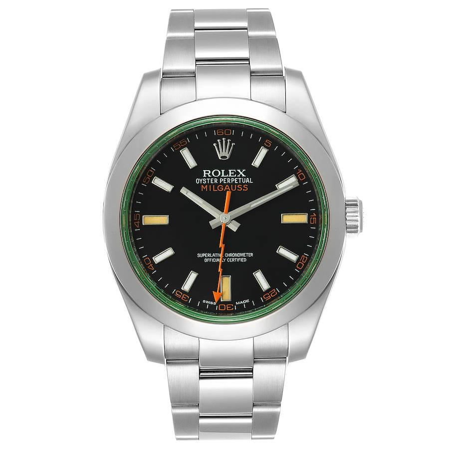 Rolex Milgauss Black Dial Green Crystal Steel Mens Watch 116400V. Officially certified chronometer self-winding movement. Stainless steel case 40.0 mm in diameter. Stainless steel smooth domed bezel. Scratch resistant green sapphire crystal. Black