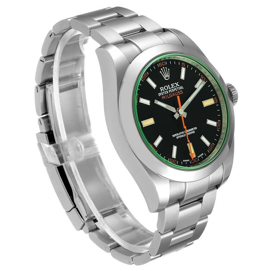 Rolex Milgauss Black Dial Green Crystal Steel Mens Watch 116400V In Excellent Condition For Sale In Atlanta, GA