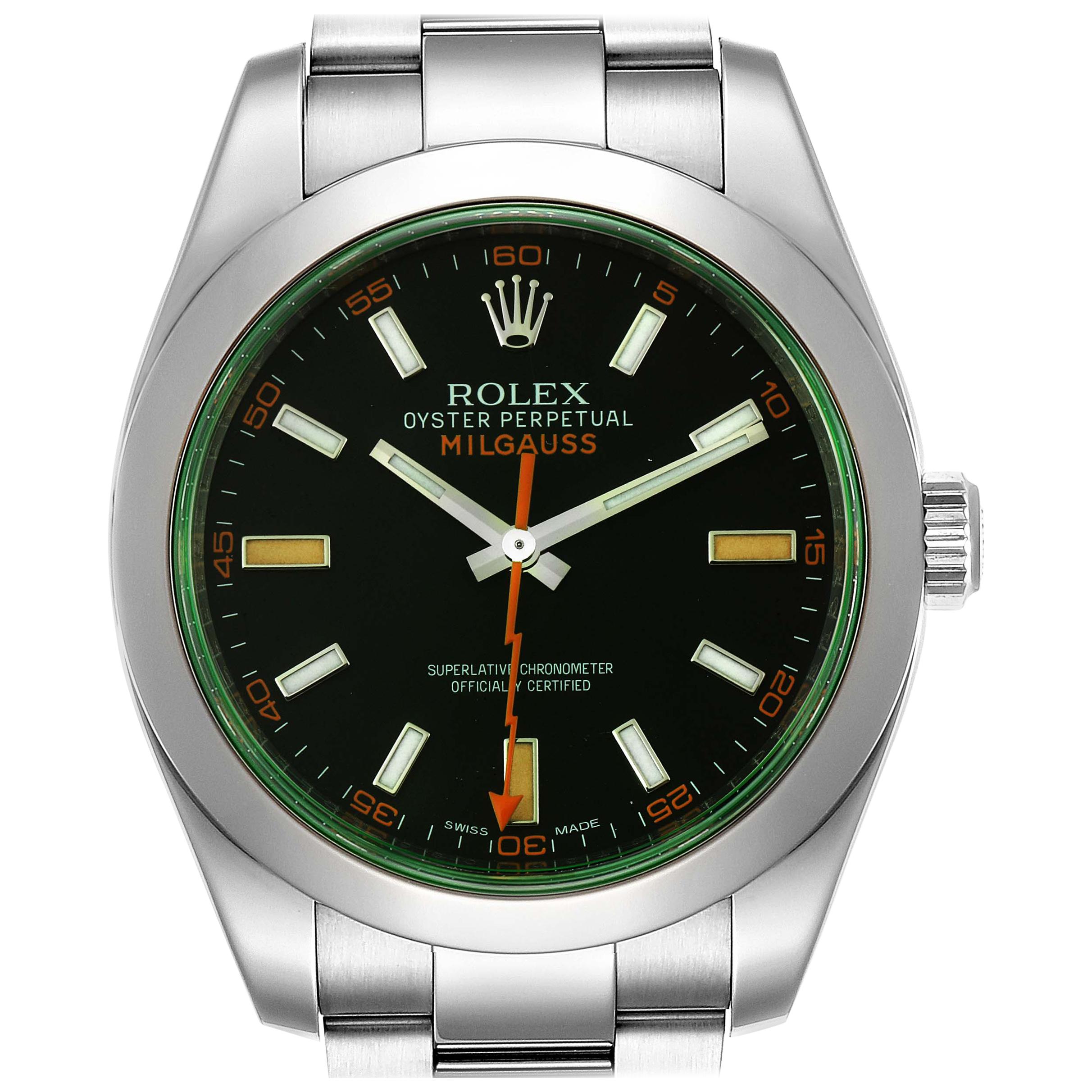 Rolex Milgauss Black Dial Green Crystal Steel Men’s Watch 116400V For Sale