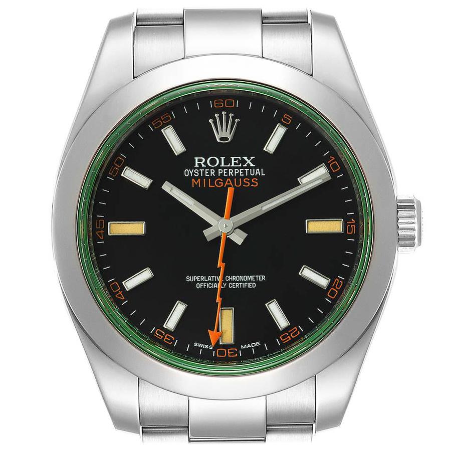 Rolex Milgauss Black Dial Green Crystal Steel Mens Watch 116400V For Sale