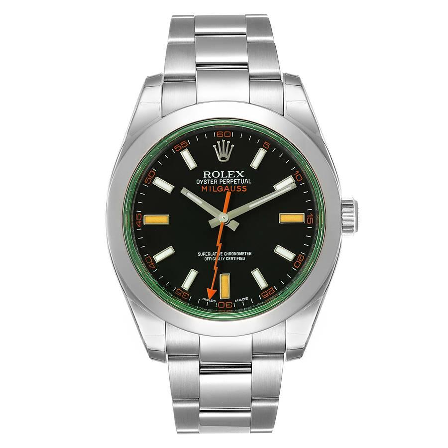 Rolex Milgauss Black Dial Green Crystal Steel Mens Watch 116400V Unworn. Officially certified chronometer self-winding movement. Stainless steel case 40.0 mm in diameter. Stainless steel smooth domed bezel. Scratch resistant green sapphire crystal.