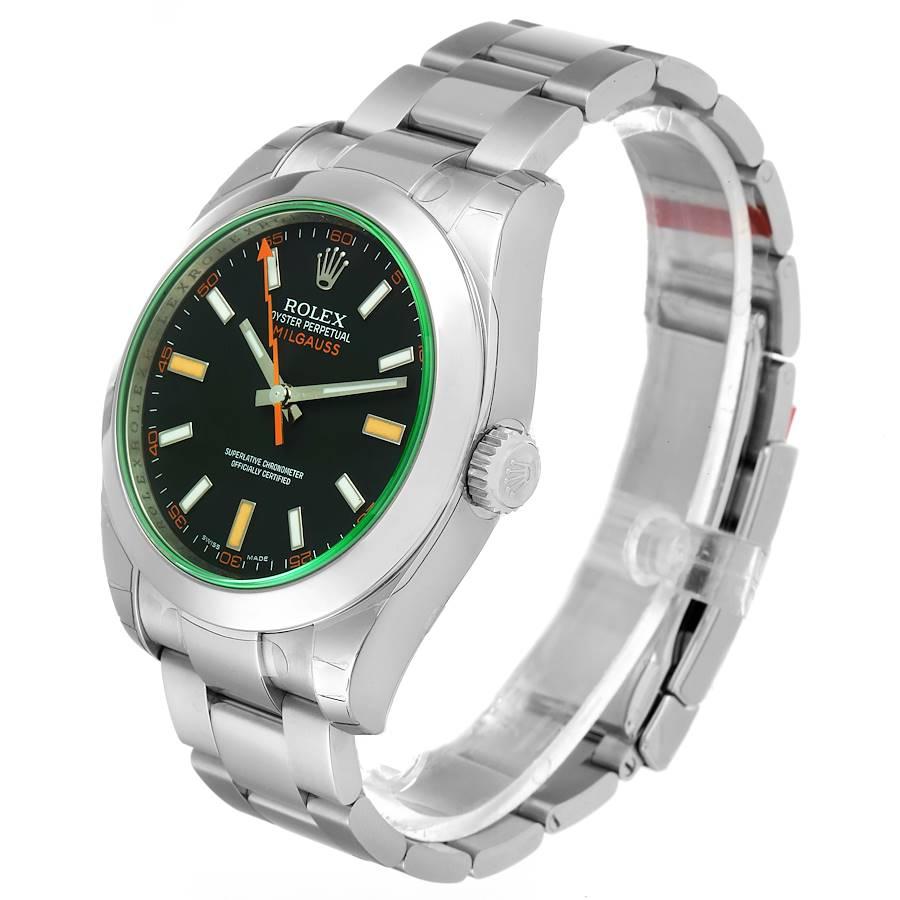 Men's Rolex Milgauss Black Dial Green Crystal Steel Mens Watch 116400V Unworn For Sale