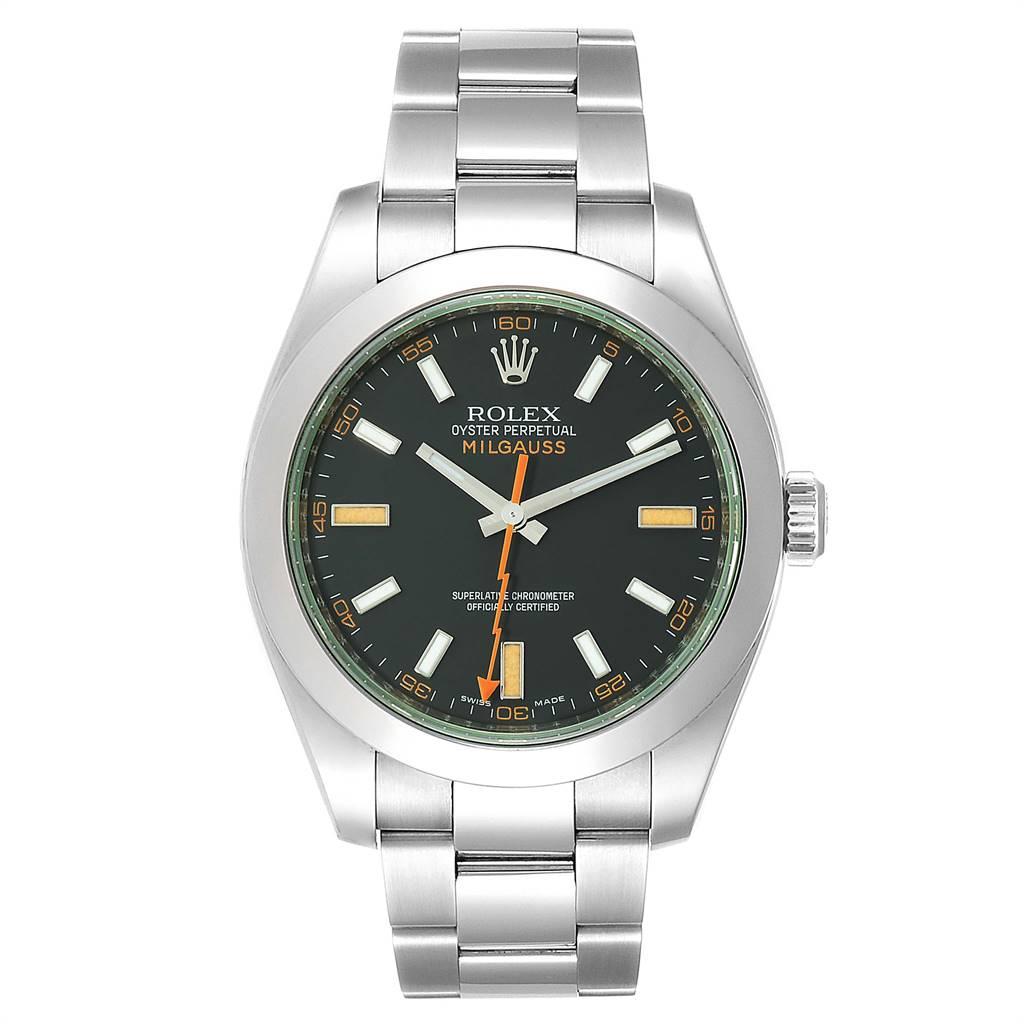 Rolex Milgauss Black Dial Green Domed Bezel Crystal Mens Watch 116400V. Officially certified chronometer self-winding movement. Stainless steel case 40.0 mm in diameter. Stainless steel smooth domed bezel. Scratch resistant green sapphire crystal.